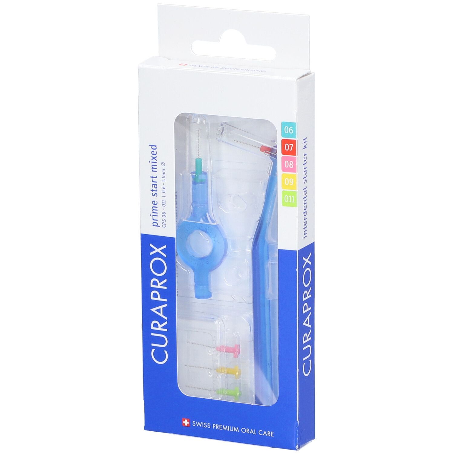 Interdentalbürsten-Set in Verpackung. Blaue Halterung, farbige Bürsten. Marke: Curaprox.