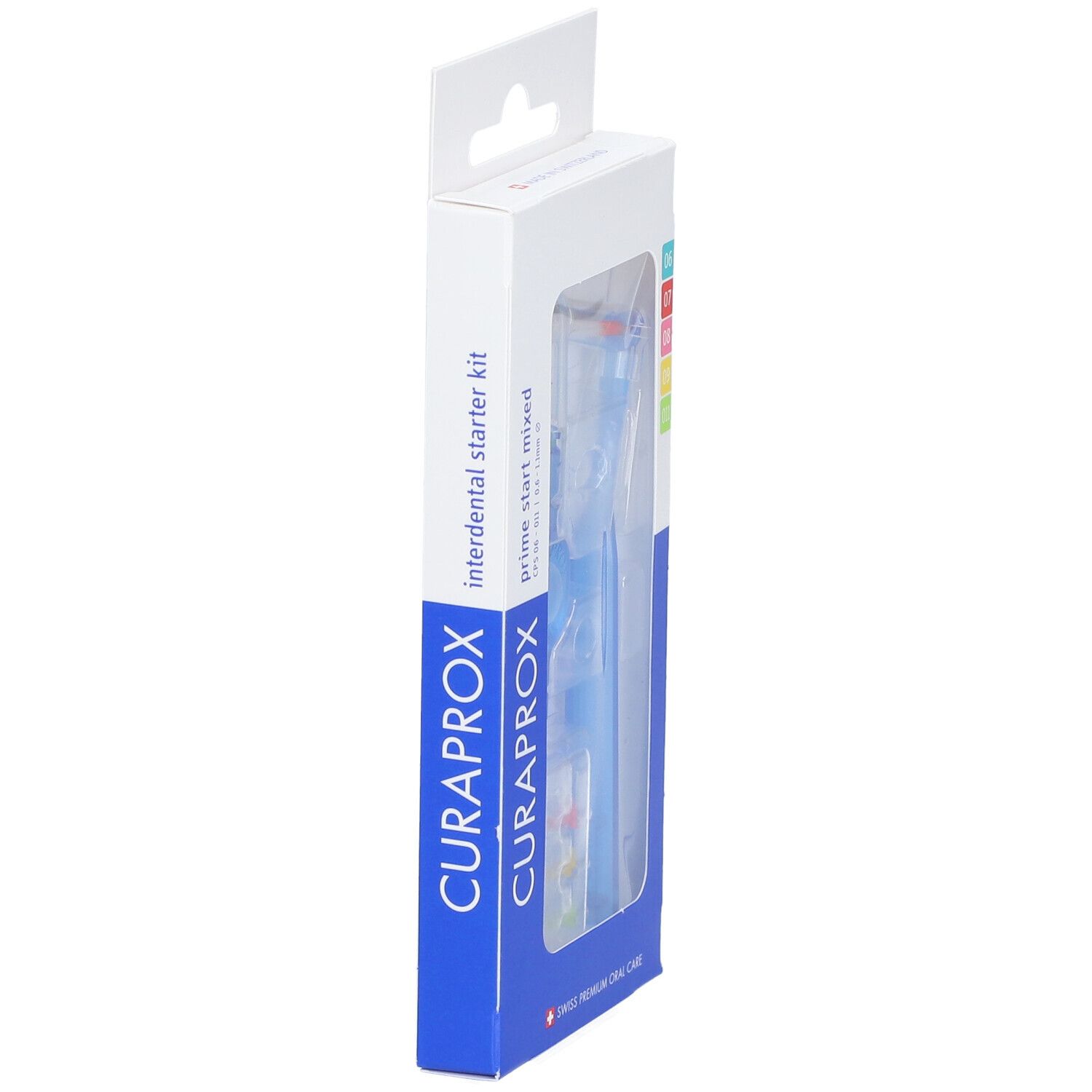 Verpackung des Interdentalbürsten-Sets. Blaue Halterung sichtbar. Marke: Curaprox.