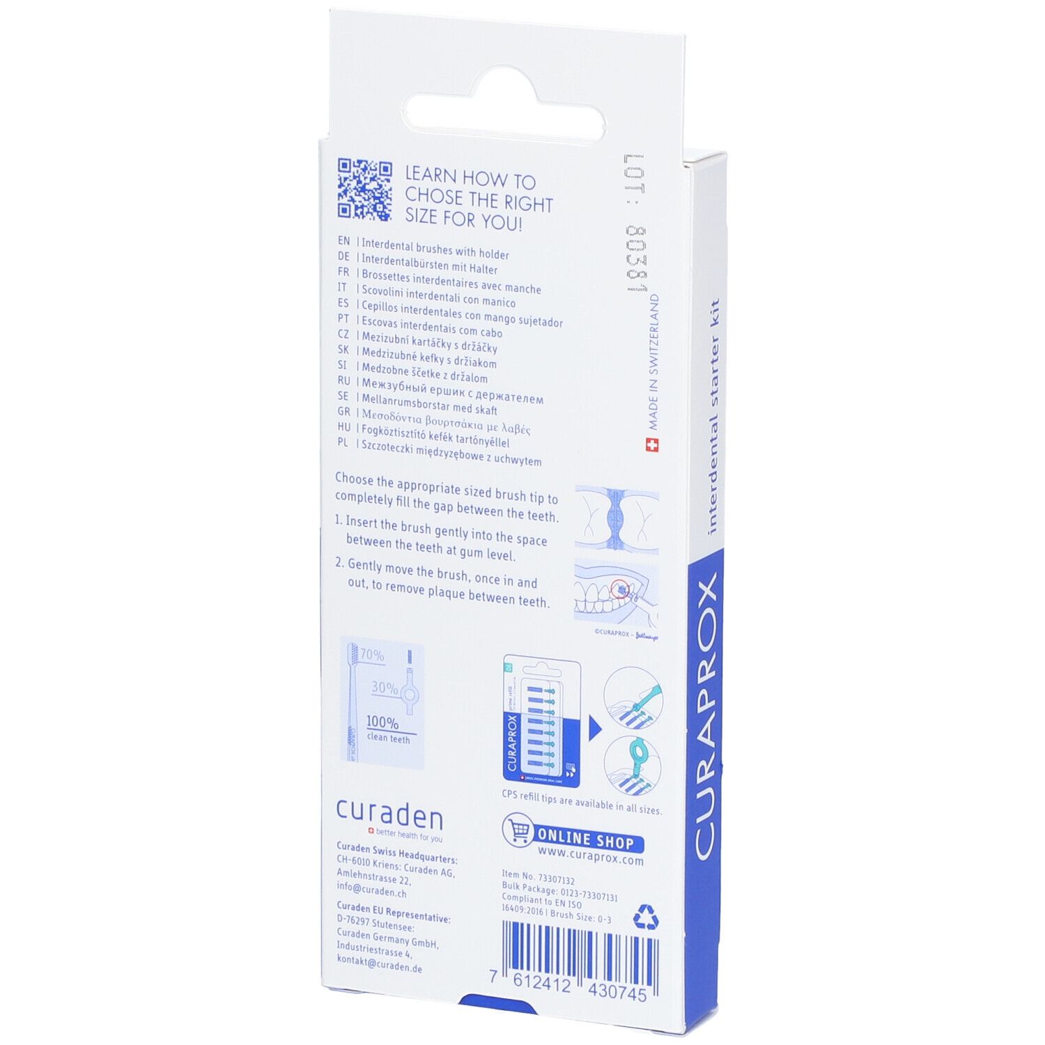 Rückseite der Verpackung. Anweisungen, QR-Code, Marke: Curaprox. Hergestellt in der Schweiz.