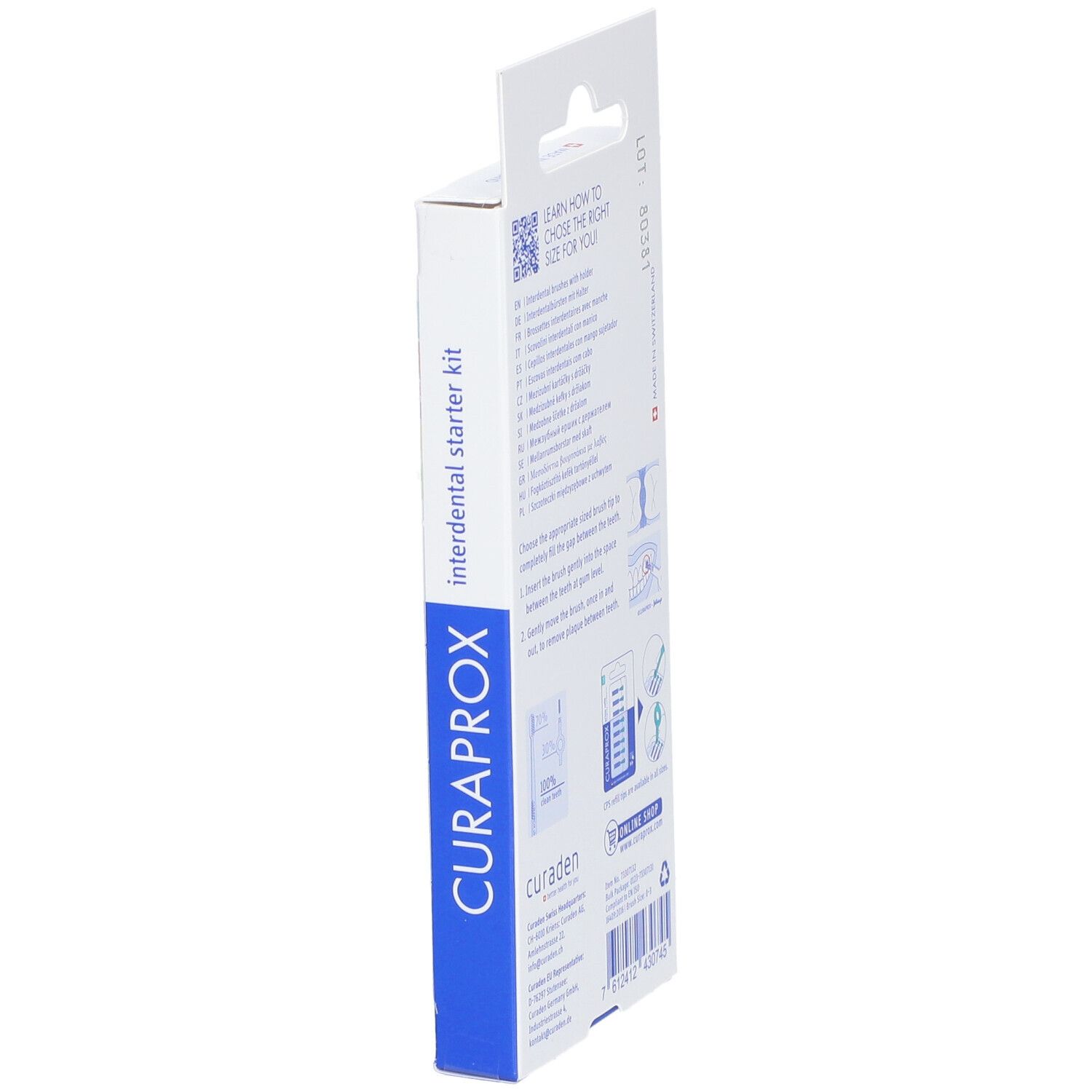 Seitenansicht der Verpackung. Marke: Curaprox. Text und QR-Code.