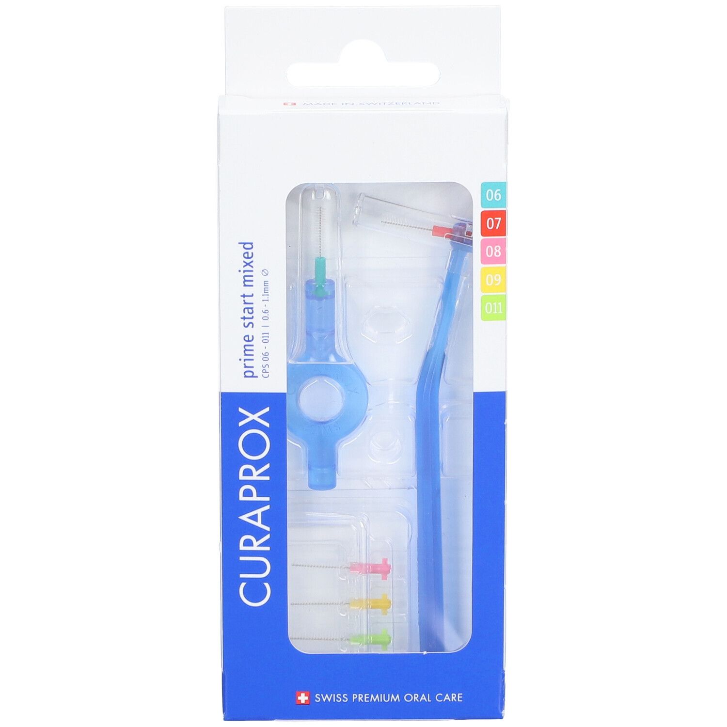 Interdentalbürsten-Set in Verpackung. Blaue Halterung, farbige Bürsten. Marke: Curaprox.