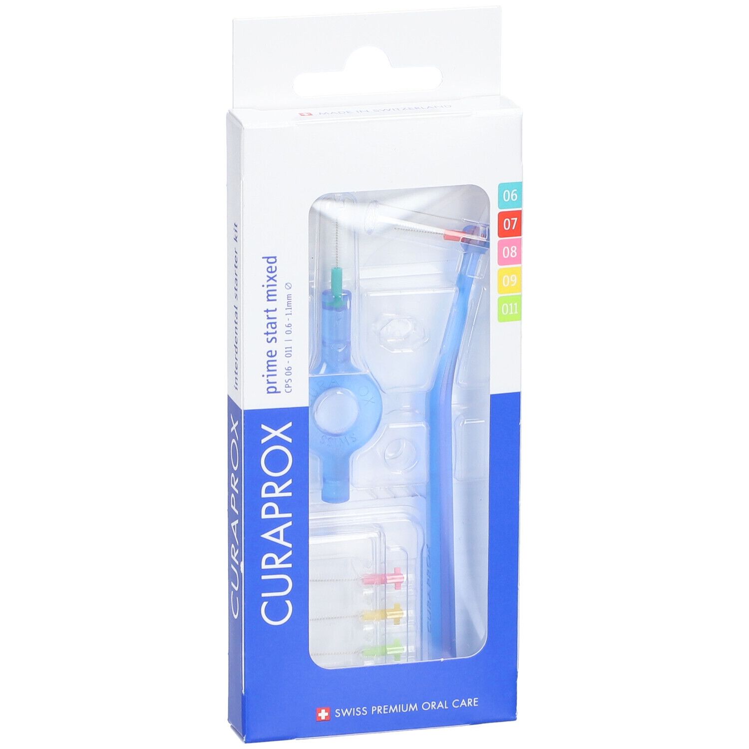 Interdentalbürsten-Set in Verpackung. Blaue Halterung, farbige Bürsten. Marke: Curaprox.