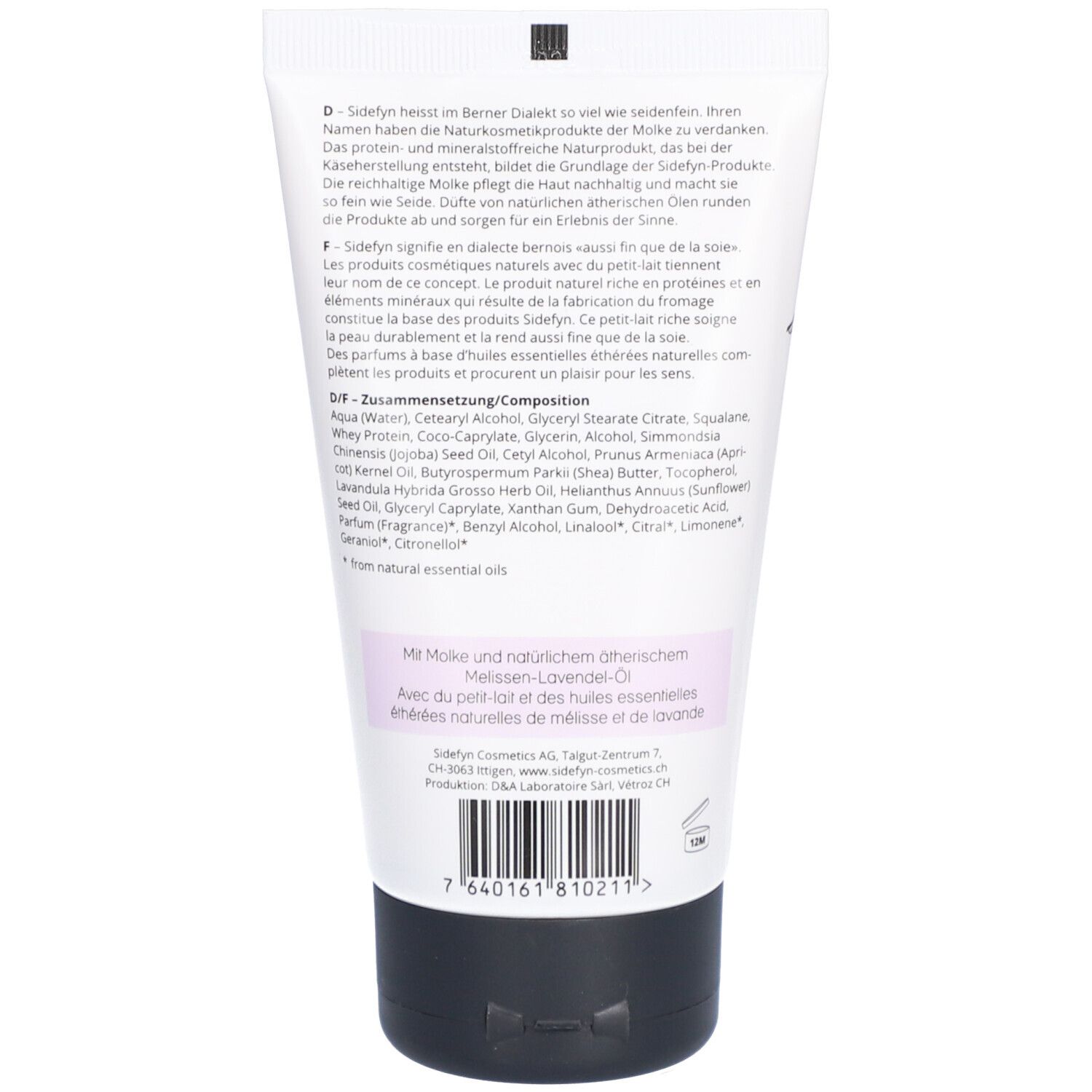 Rückseite der Tube. Text: SIDEFYN, Inhaltsstoffe, Beschreibung. Barcode und Logo.