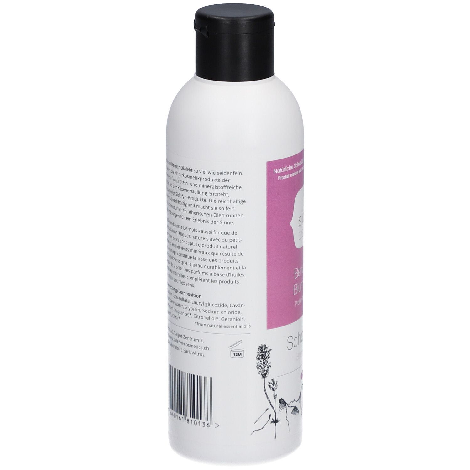 Rückseite einer weißen Flasche mit schwarzem Deckel. Text in mehreren Sprachen. Barcode und Illustrationen.