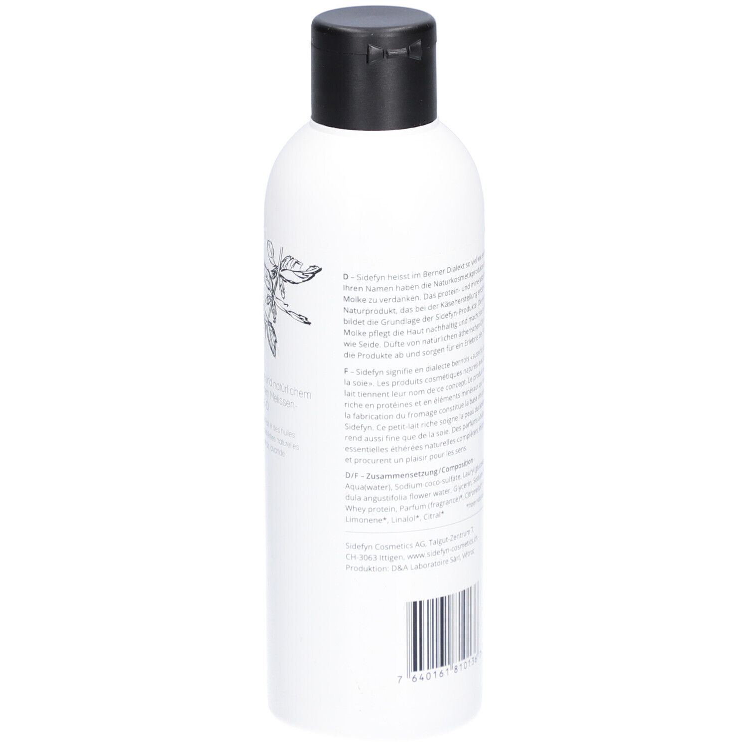 Rückseite einer weißen Flasche mit schwarzem Deckel. Text in mehreren Sprachen. Barcode und Illustrationen.