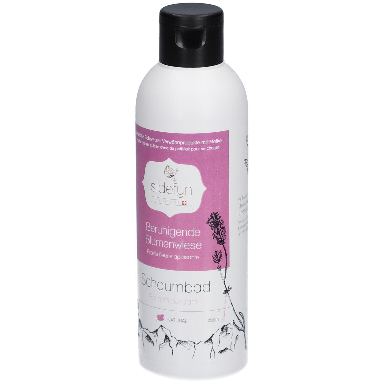 Weiße Flasche mit schwarzem Deckel. Rosa Etikett mit Produktnamen und Logo. Illustrationen von Blumen und Bergen.