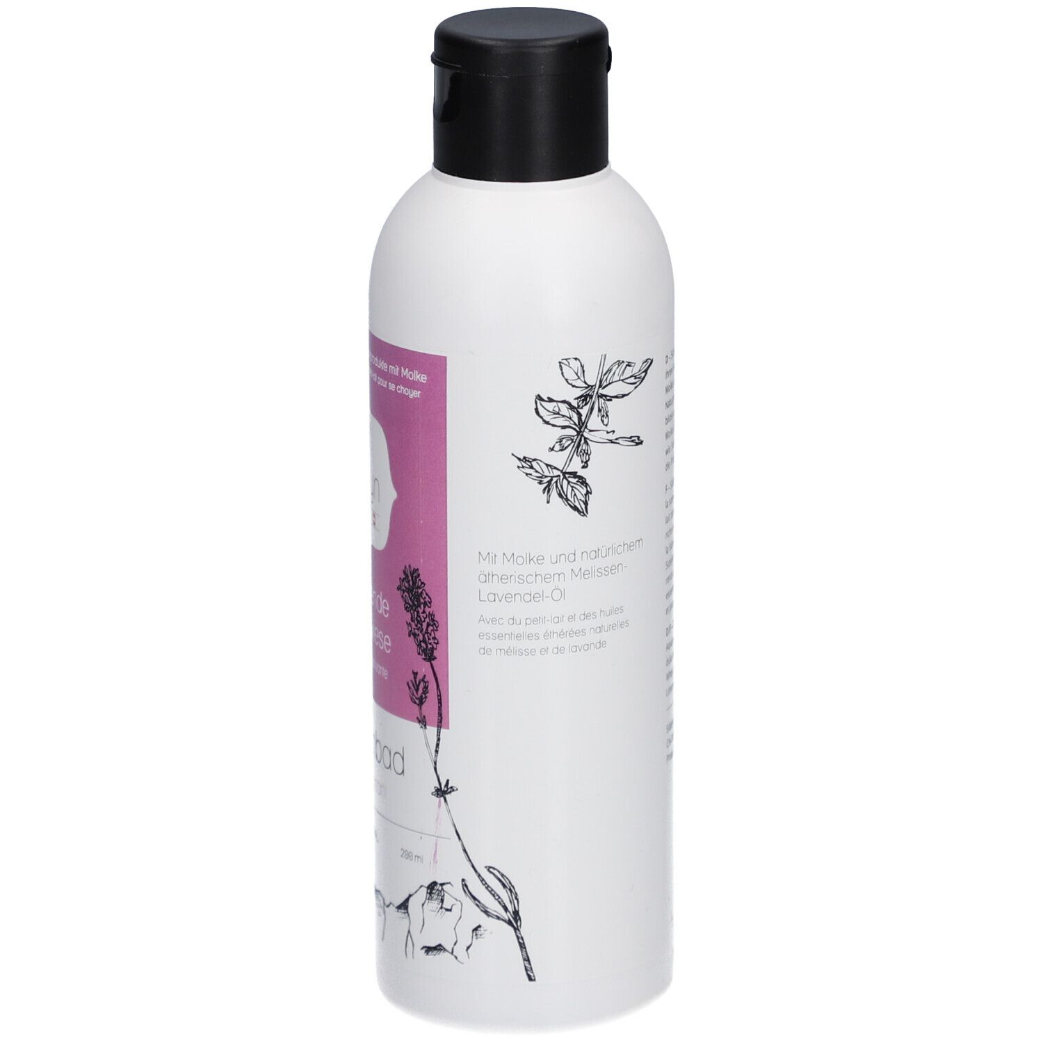 Weiße Flasche mit schwarzem Deckel. Rosa Etikett mit Produktnamen und Logo. Illustrationen von Blumen und Bergen.