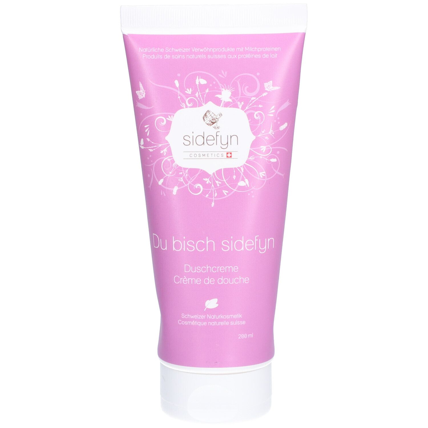 Rosa Tube mit weißem Verschluss. Aufschrift: Sidefyn, Du bisch sidefyn, Duschcreme. Schweizer Naturkosmetik.
