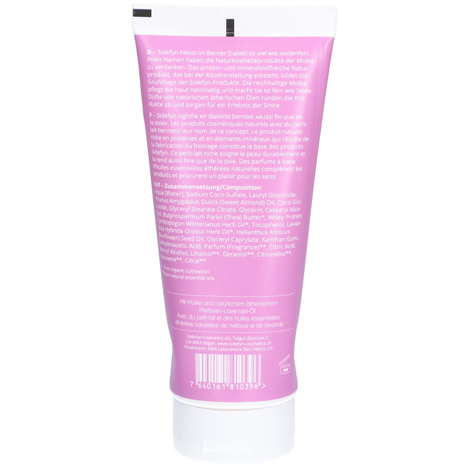 Rückseite der rosa Tube. Text in Deutsch, Französisch und Italienisch. Barcode und Inhaltsstoffe.