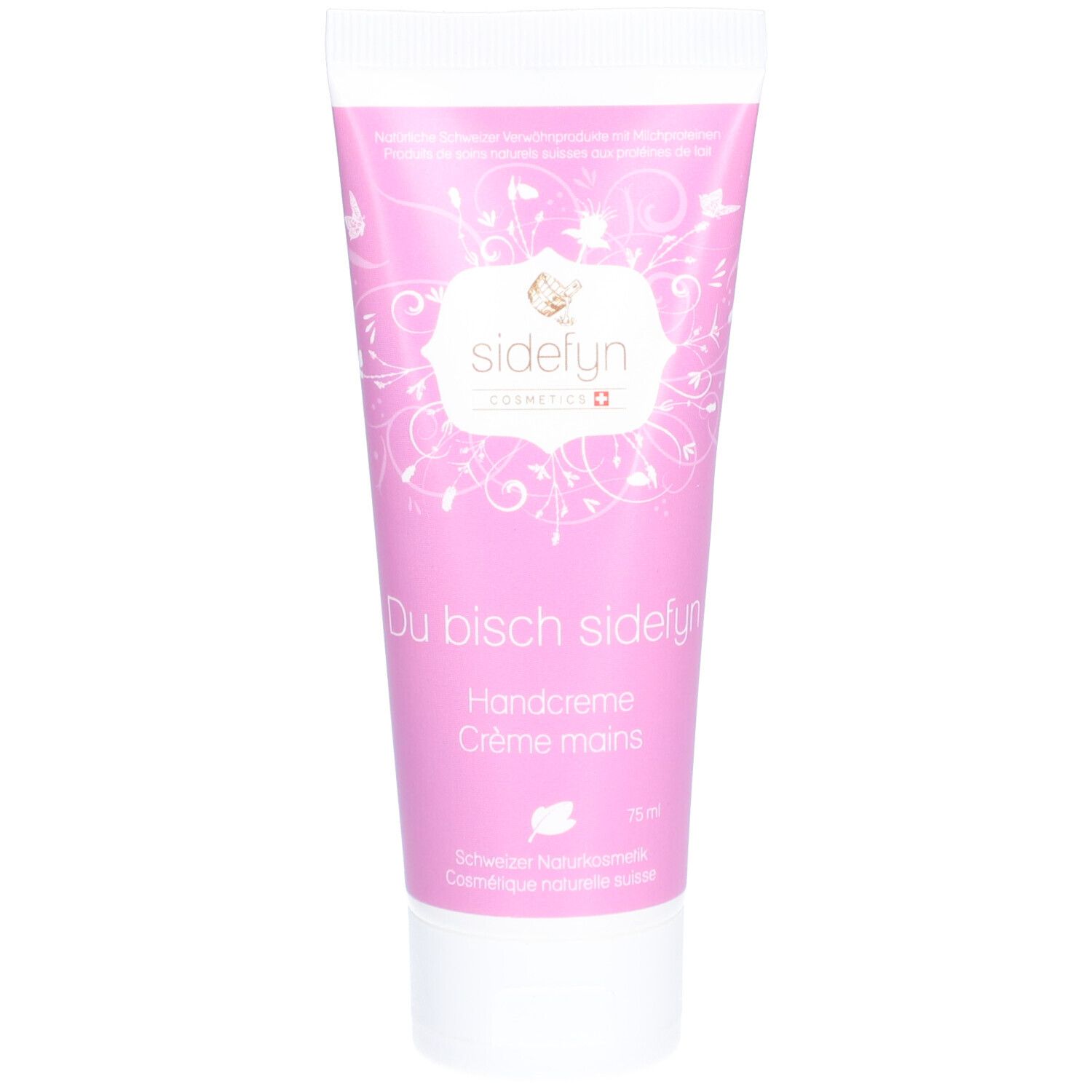 Rosa Tube mit "Sidefyn"-Logo und Schriftzug "Handcreme". Schweizer Naturkosmetik. Weißer Schraubverschluss.