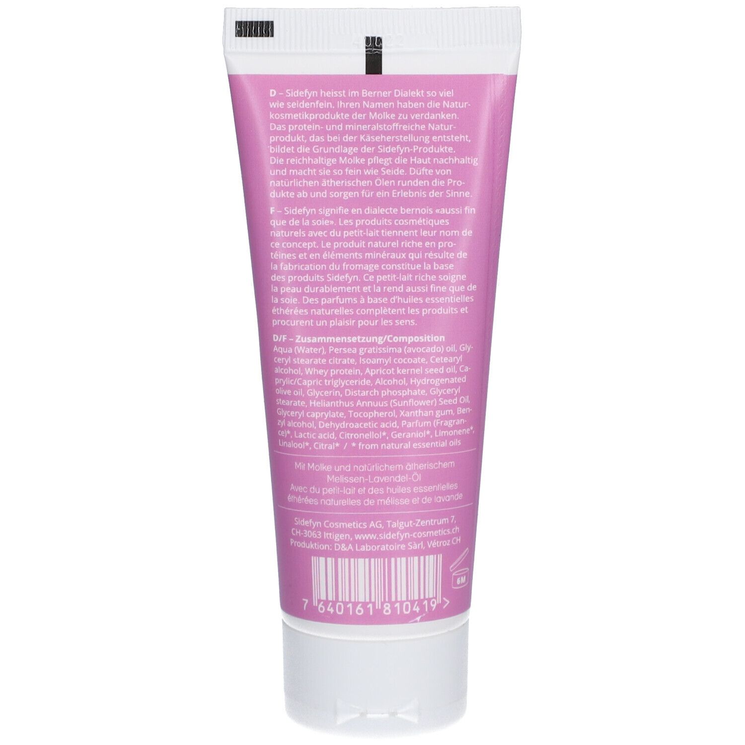 Rückseite der rosa Tube. Text in Deutsch, Französisch und Englisch. Inhaltsstoffe und Barcode.