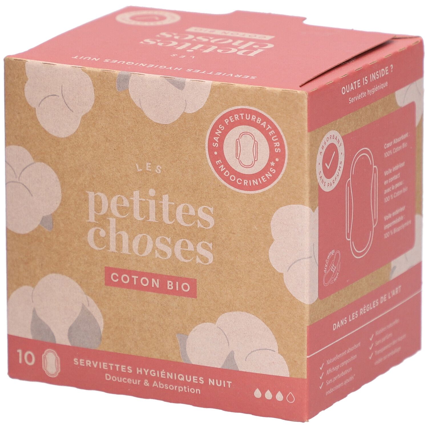 Boîte 'LES PETITES CHOSES' en coton bio. 10 serviettes hygiéniques Nuit. Sans perturbateurs endocriniens.