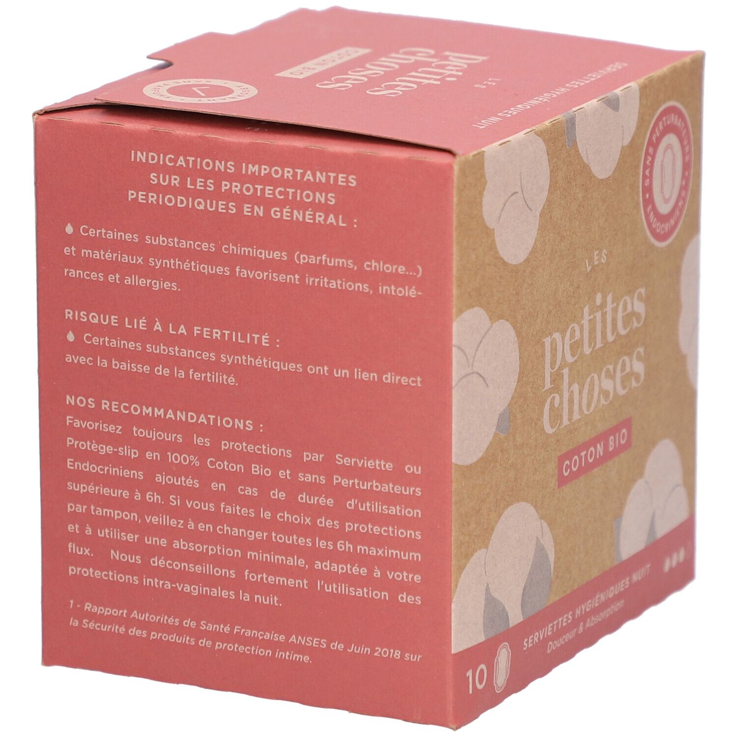 Boîte 'LES PETITES CHOSES' avec texte. 10 serviettes hygiéniques Nuit. Conseils d'utilisation et informations.