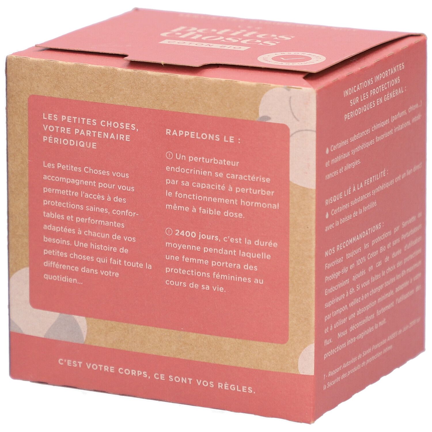 Boîte 'LES PETITES CHOSES' avec texte. 10 serviettes hygiéniques Nuit. Informations et conseils.