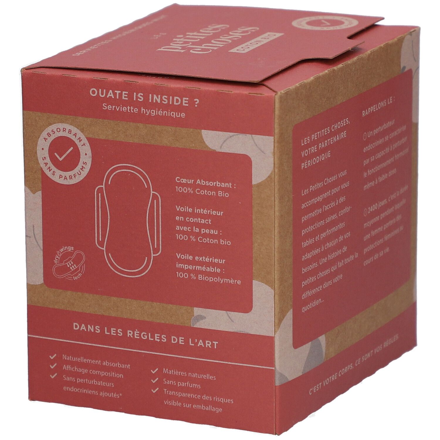 Boîte 'LES PETITES CHOSES' avec texte. 10 serviettes hygiéniques Nuit. Caractéristiques du produit.