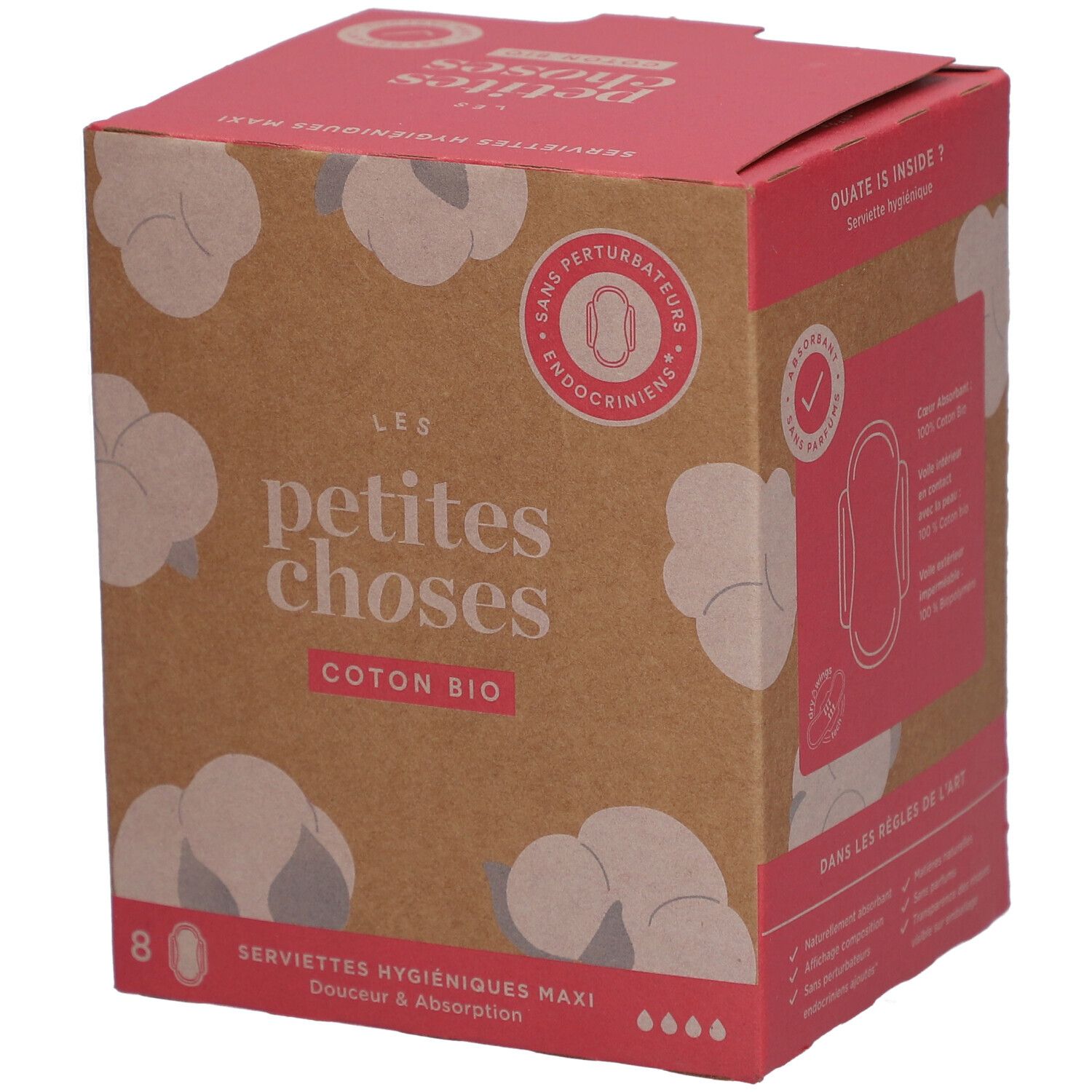 Doosje damesverband van biologisch katoen. Opschriften: LES PETITES CHOSES, COTON BIO, 8 stuks.
