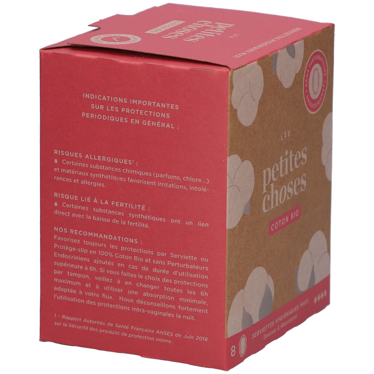 Doosje met tekst. Opschriften: LES PETITES CHOSES, COTON BIO, 8 stuks. Waarschuwingen en aanbevelingen.