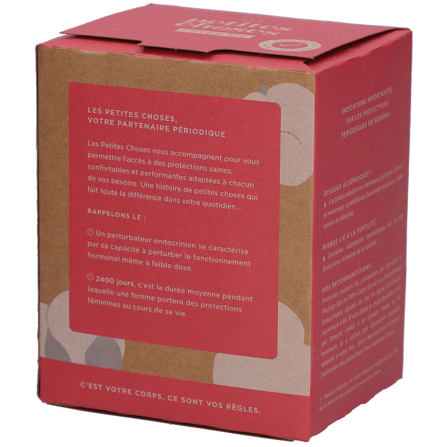 Doosje met tekst. Opschriften: LES PETITES CHOSES, COTON BIO. Tekst over het product en de eigenschappen.