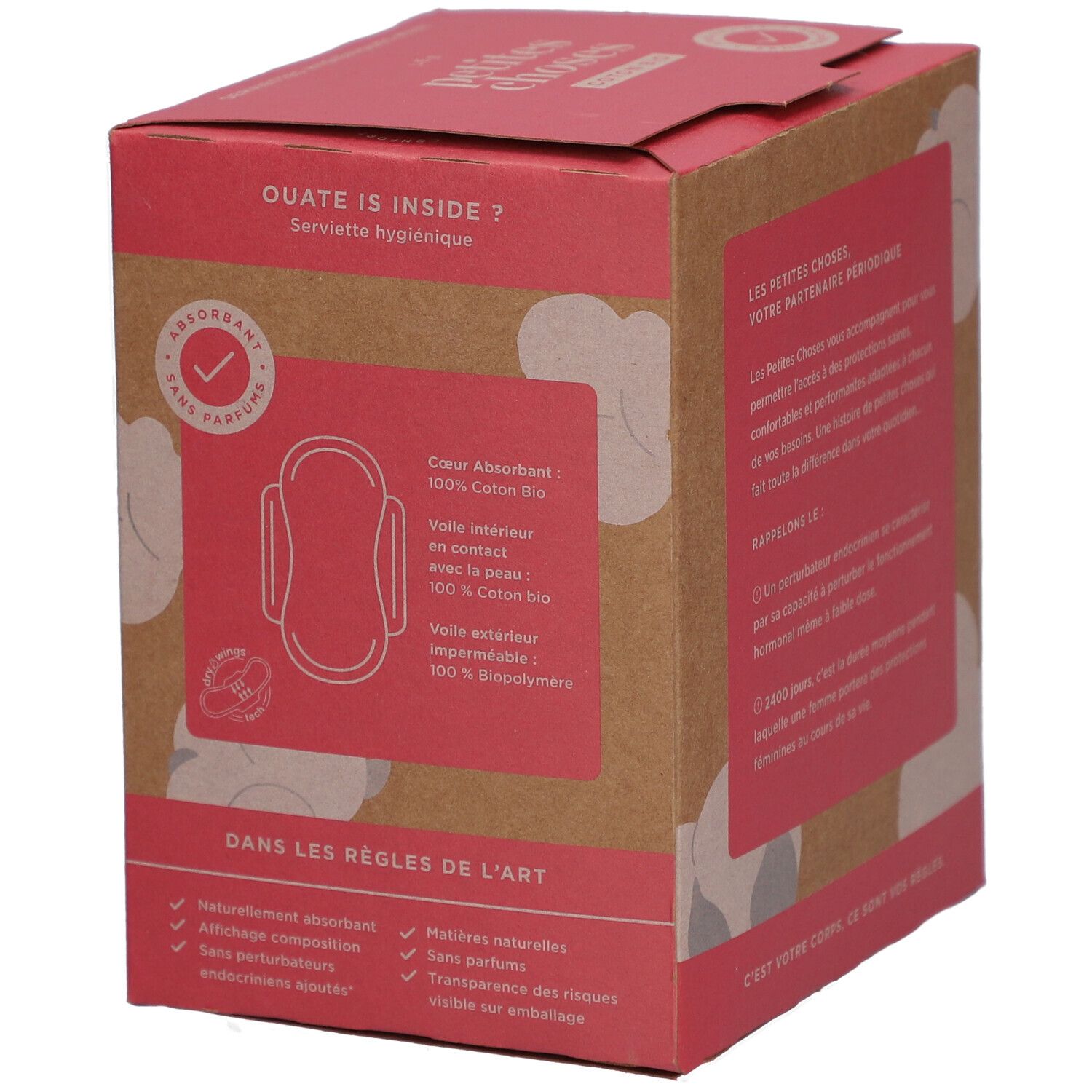 Doosje met productafbeelding en tekst. Opschriften: LES PETITES CHOSES, COTON BIO. Productbeschrijving.