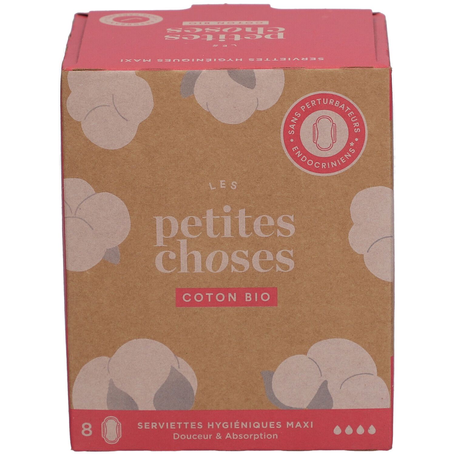 Doosje damesverband van biologisch katoen. Opschriften: LES PETITES CHOSES, COTON BIO, 8 stuks.