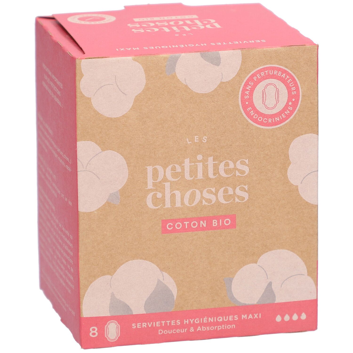 Doosje damesverband van biologisch katoen. Opschriften: LES PETITES CHOSES, COTON BIO, 8 stuks.