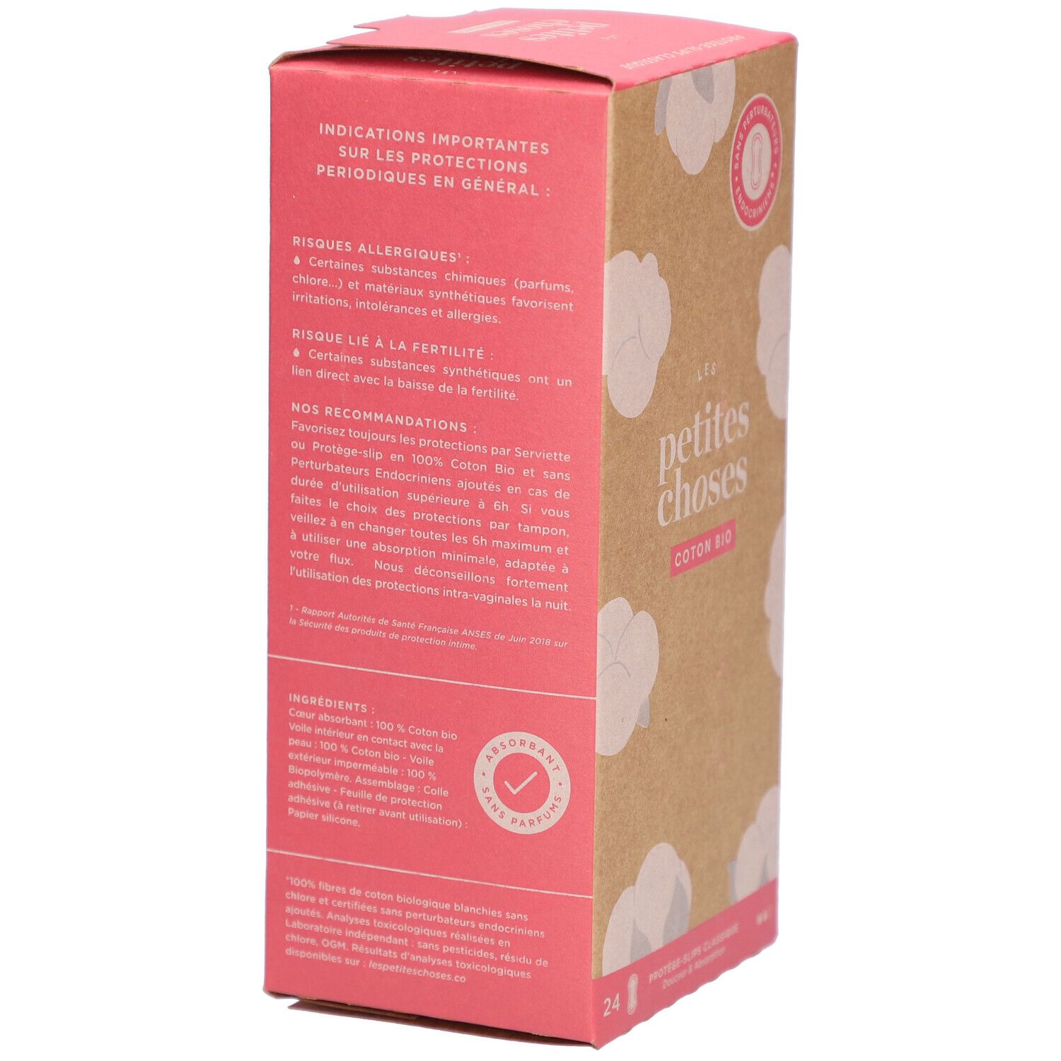 Kartonnen verpakking met tekst over ingrediënten en aanbevelingen. "LES PETITES CHOSES" en "COTON BIO".