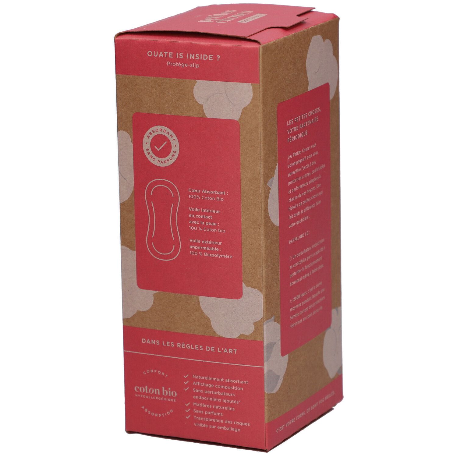 Kartonnen verpakking met tekst over ingrediënten en kenmerken. "LES PETITES CHOSES" en "COTON BIO".