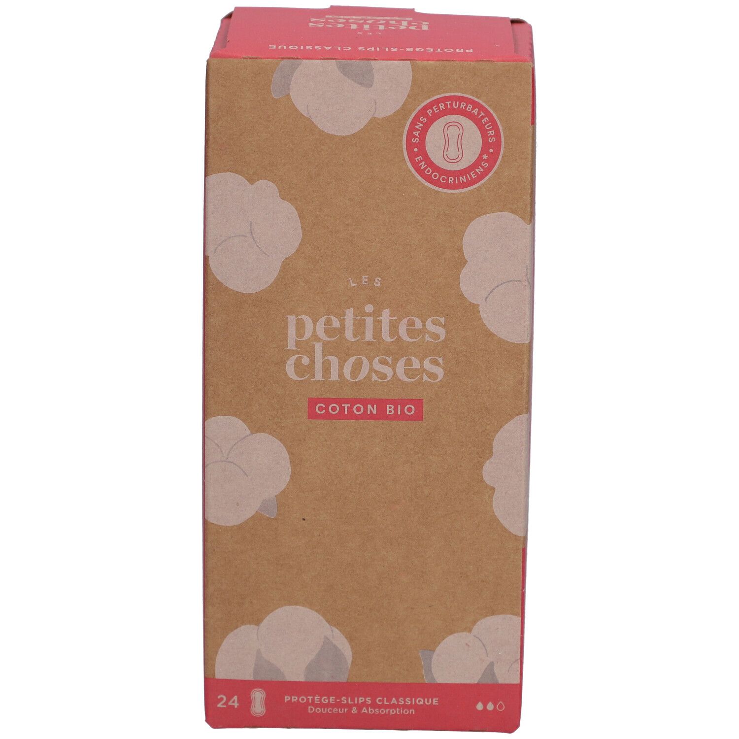 Kartonnen verpakking met "LES PETITES CHOSES" en "COTON BIO". 24 inlegkruisjes. Katoen illustraties.