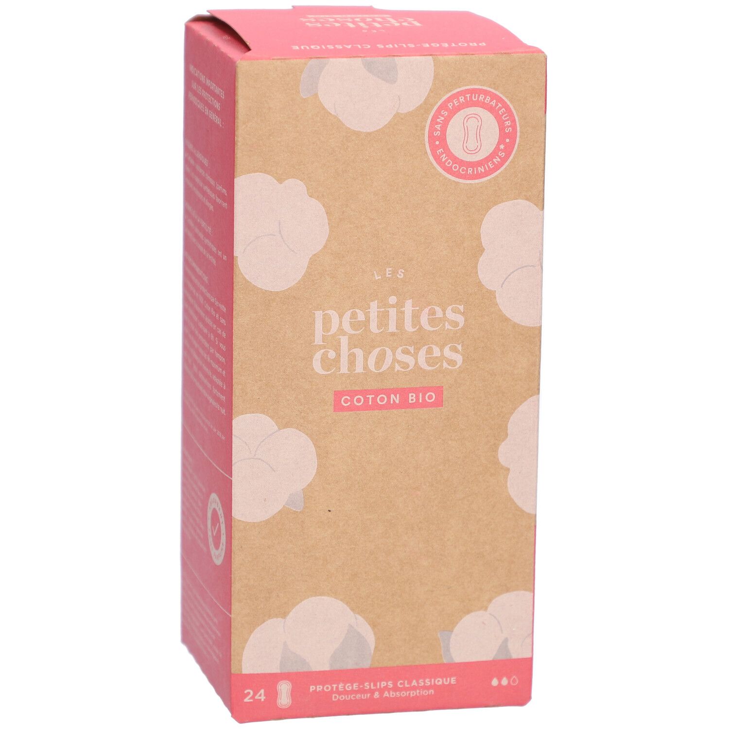 Kartonnen verpakking met "LES PETITES CHOSES" en "COTON BIO". 24 inlegkruisjes. Katoen illustraties.