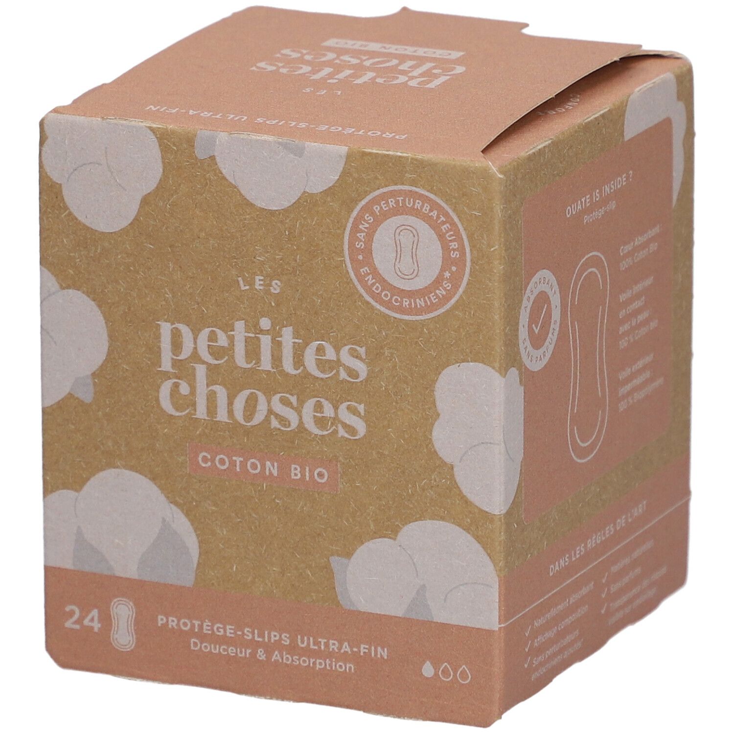 Kartonnen doos 'LES PETITES CHOSES' met 24 ultradunne inlegkruisjes van biologisch katoen. Logo 'Sans perturbateurs endocriniens'.