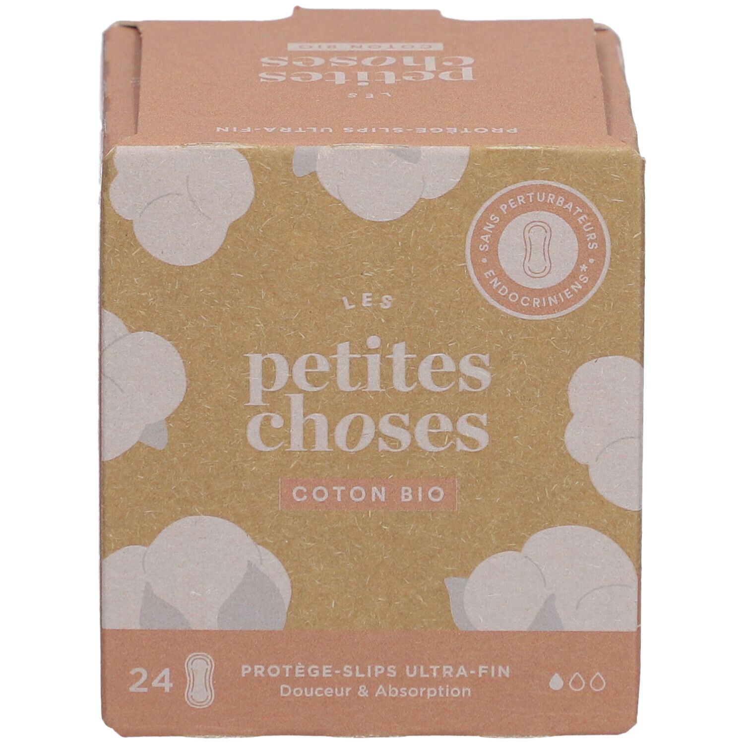 Kartonnen doos 'LES PETITES CHOSES', 'Coton Bio' en 24 inlegkruisjes. Logo 'Sans perturbateurs endocriniens'.
