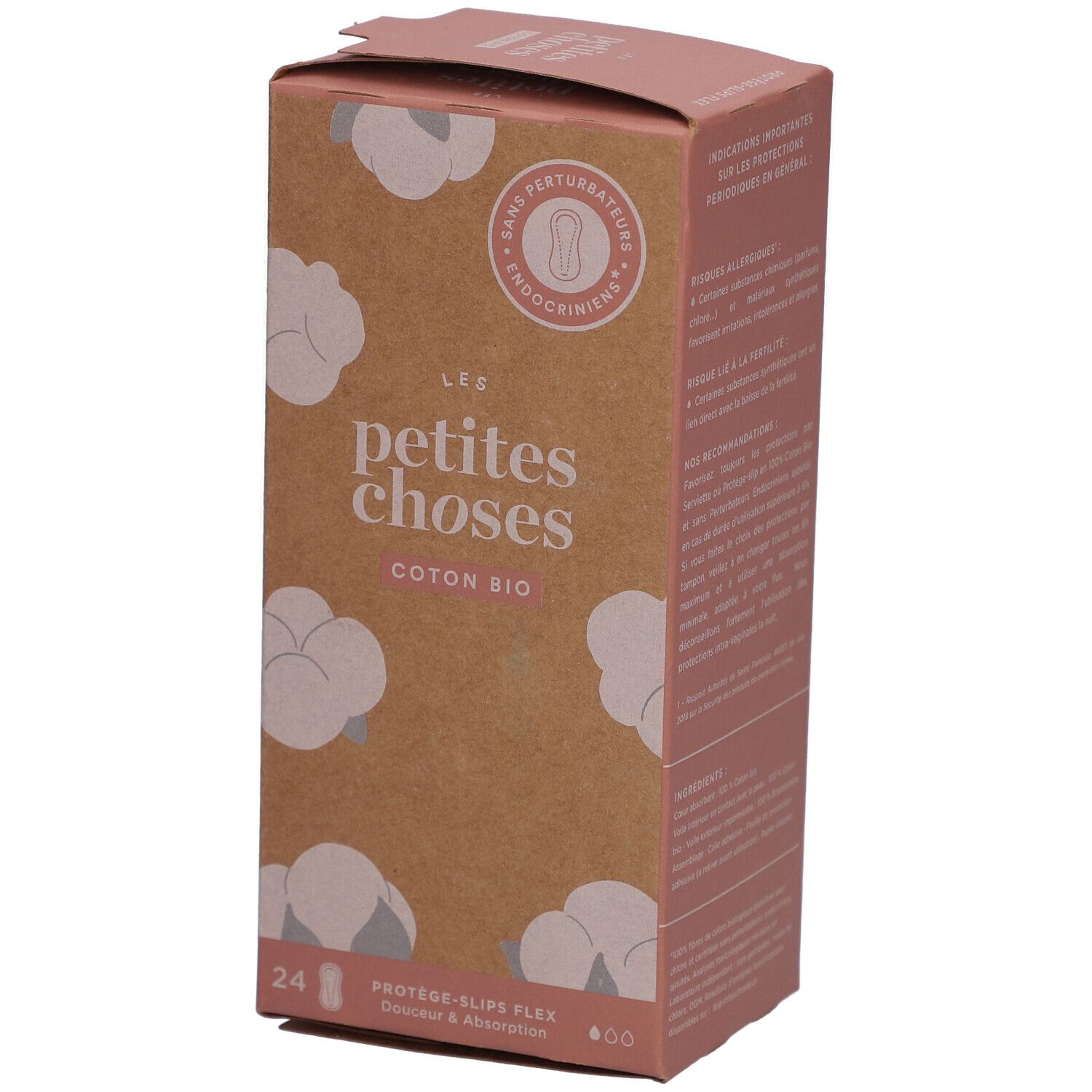 Boîte de protège-slips en coton bio. Inscription : LES PETITES CHOSES, COTON BIO, 24 pièces. Emballage rose et marron.