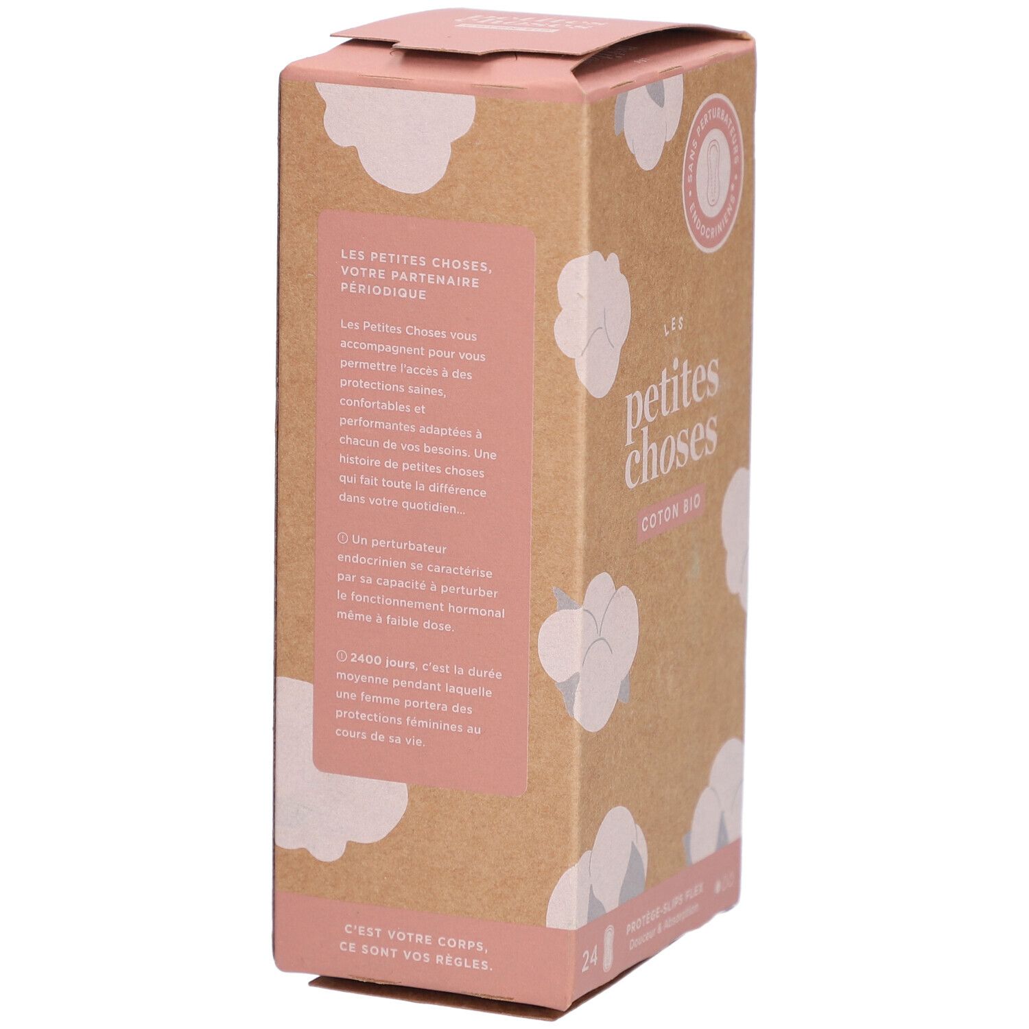 Boîte de protège-slips. Texte : LES PETITES CHOSES, COTON BIO. Emballage rose et marron avec texte et illustrations de coton.