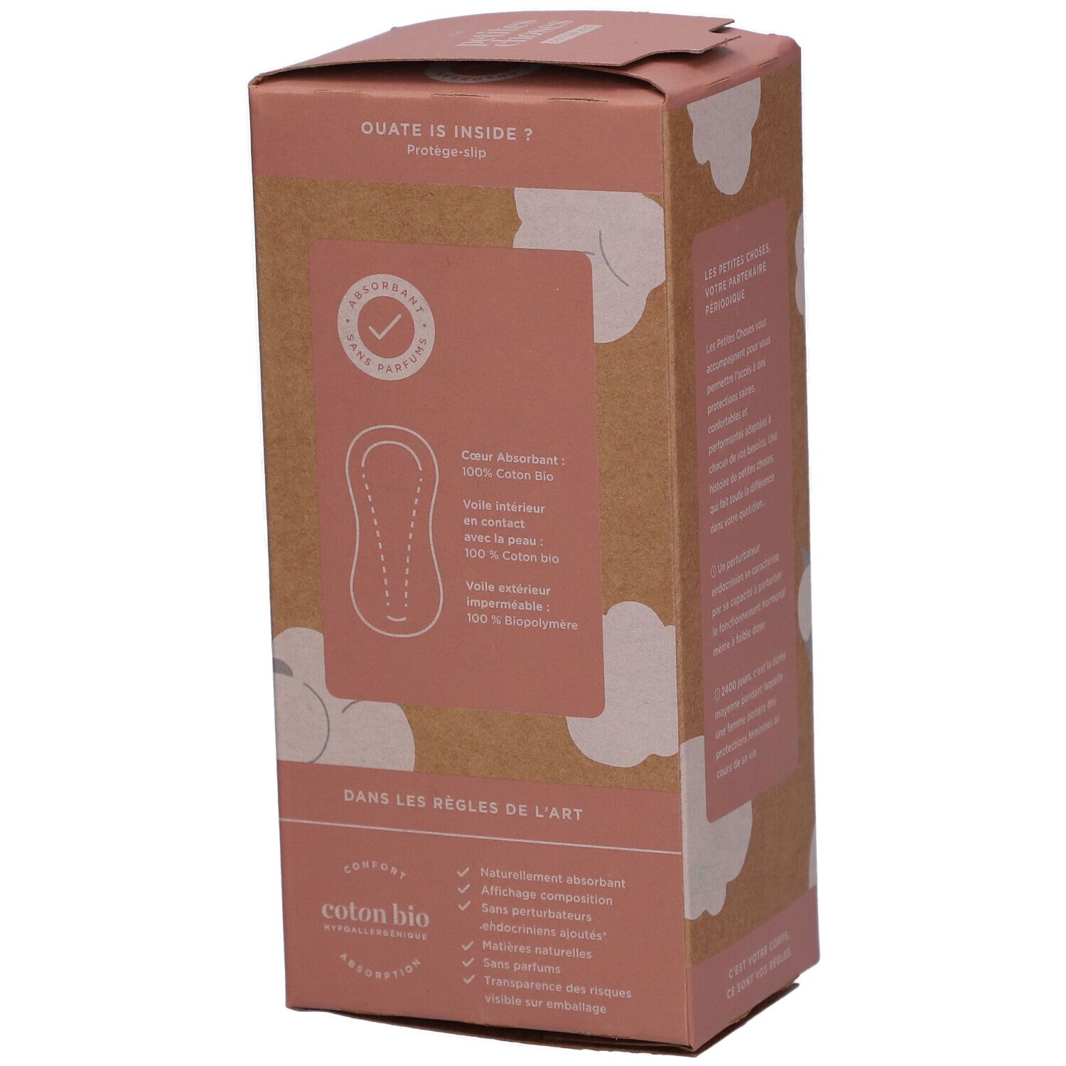Boîte de protège-slips. Représentation du protège-slip. Texte : COTON BIO, 100% coton. Emballage rose et marron.