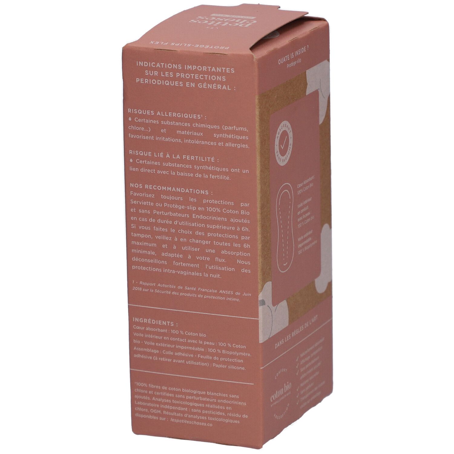 Boîte de protège-slips. Texte : Informations importantes sur les protections périodiques. Emballage rose et marron avec texte.