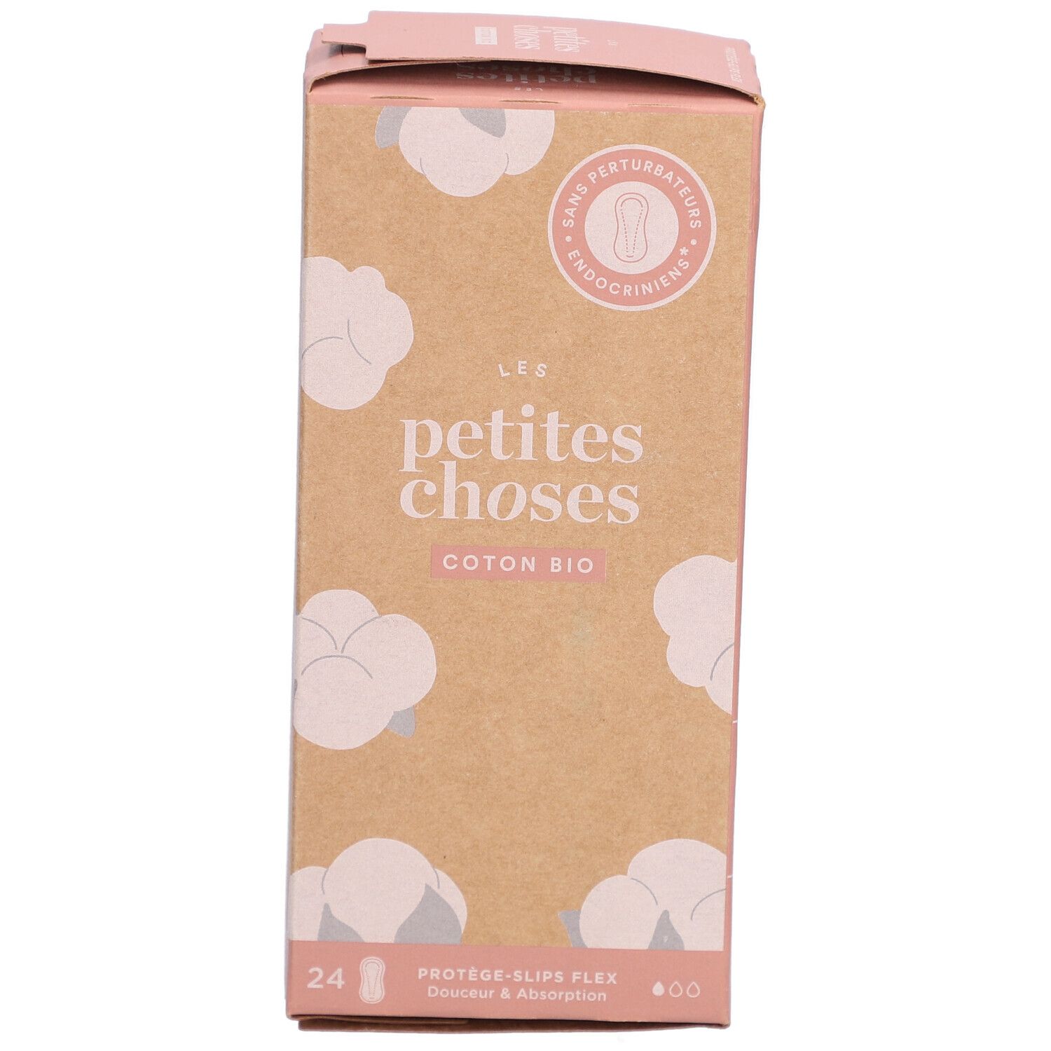 Boîte de protège-slips en coton bio. Inscription : LES PETITES CHOSES, COTON BIO, 24 pièces. Emballage rose et marron.