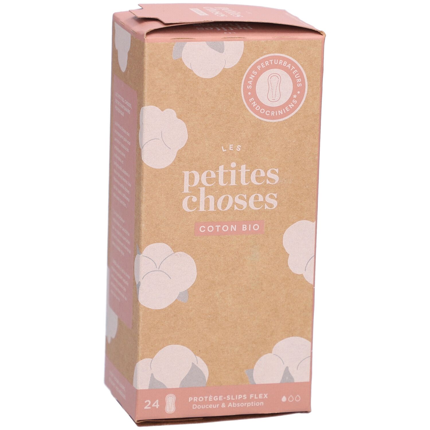 Boîte de protège-slips en coton bio. Inscription : LES PETITES CHOSES, COTON BIO, 24 pièces. Emballage rose et marron.