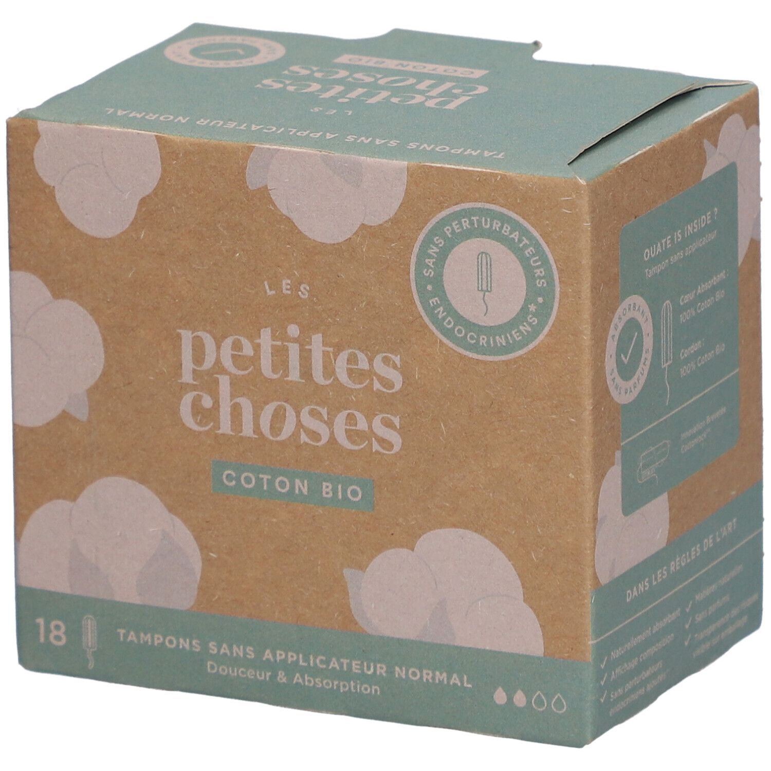 Doosje tampons zonder applicator. Opschrift: LES PETITES CHOSES, Coton Bio. 18 stuks. Katoenen wolken design.