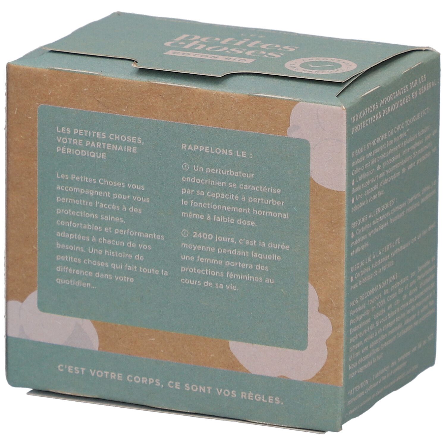 Doosje tampons zonder applicator. Tekst: LES PETITES CHOSES, uw partner voor menstruatiebescherming. Informatie en citaten.