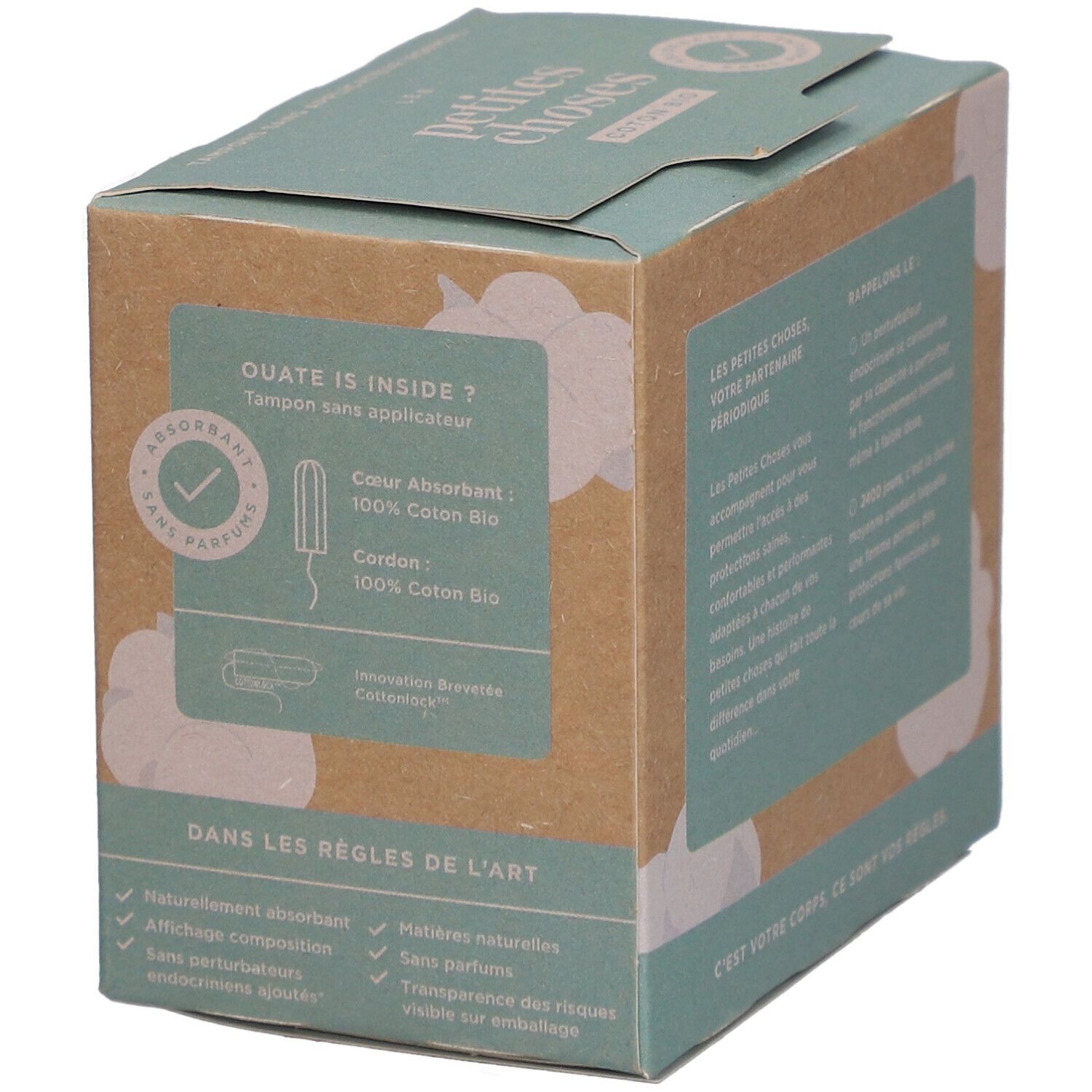 Doosje tampons zonder applicator. Tekst: Katoen binnenin. Absorberende kern en koord van 100% biologisch katoen.