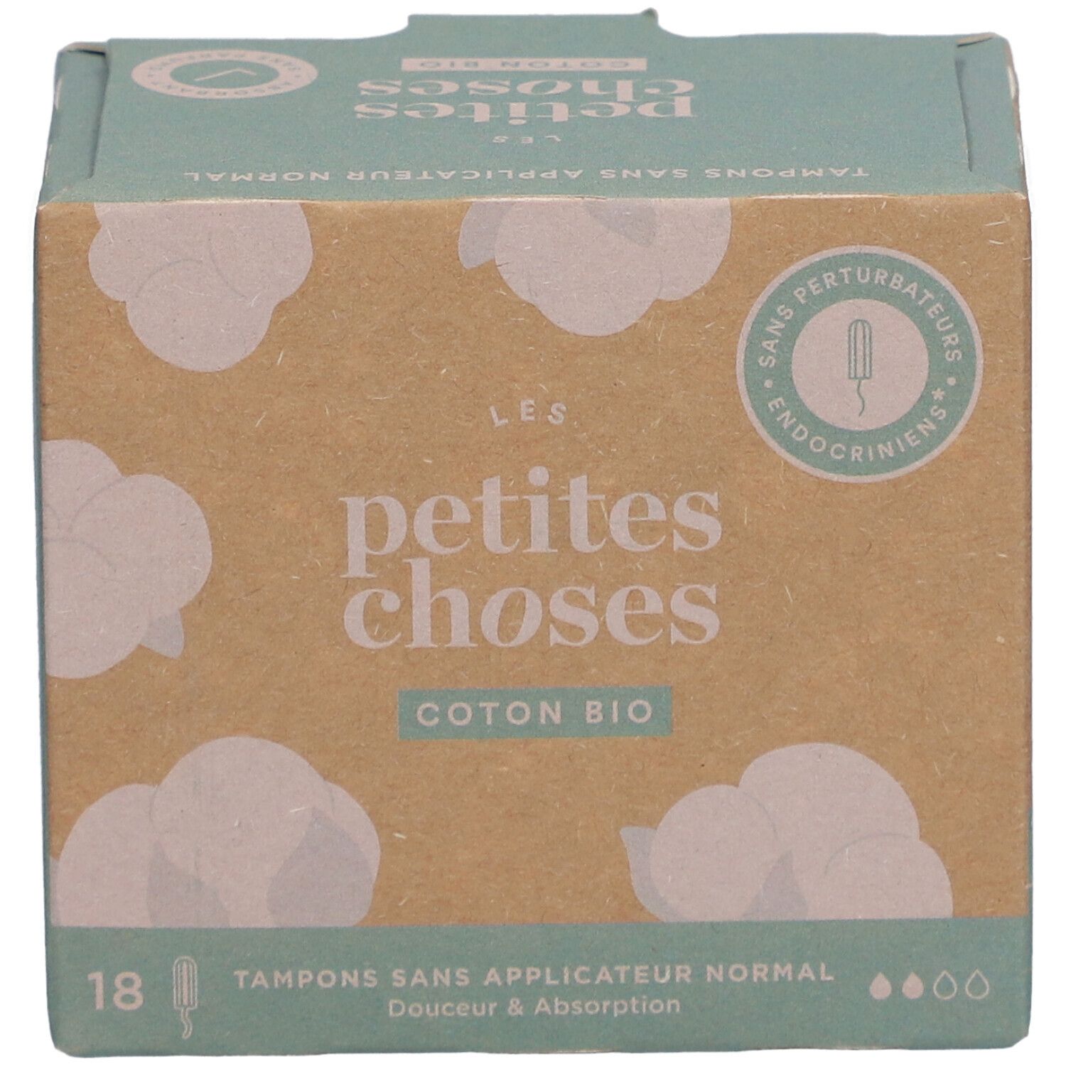 Doosje tampons zonder applicator. Opschrift: LES PETITES CHOSES, Coton Bio. 18 stuks. Katoenen wolken design.