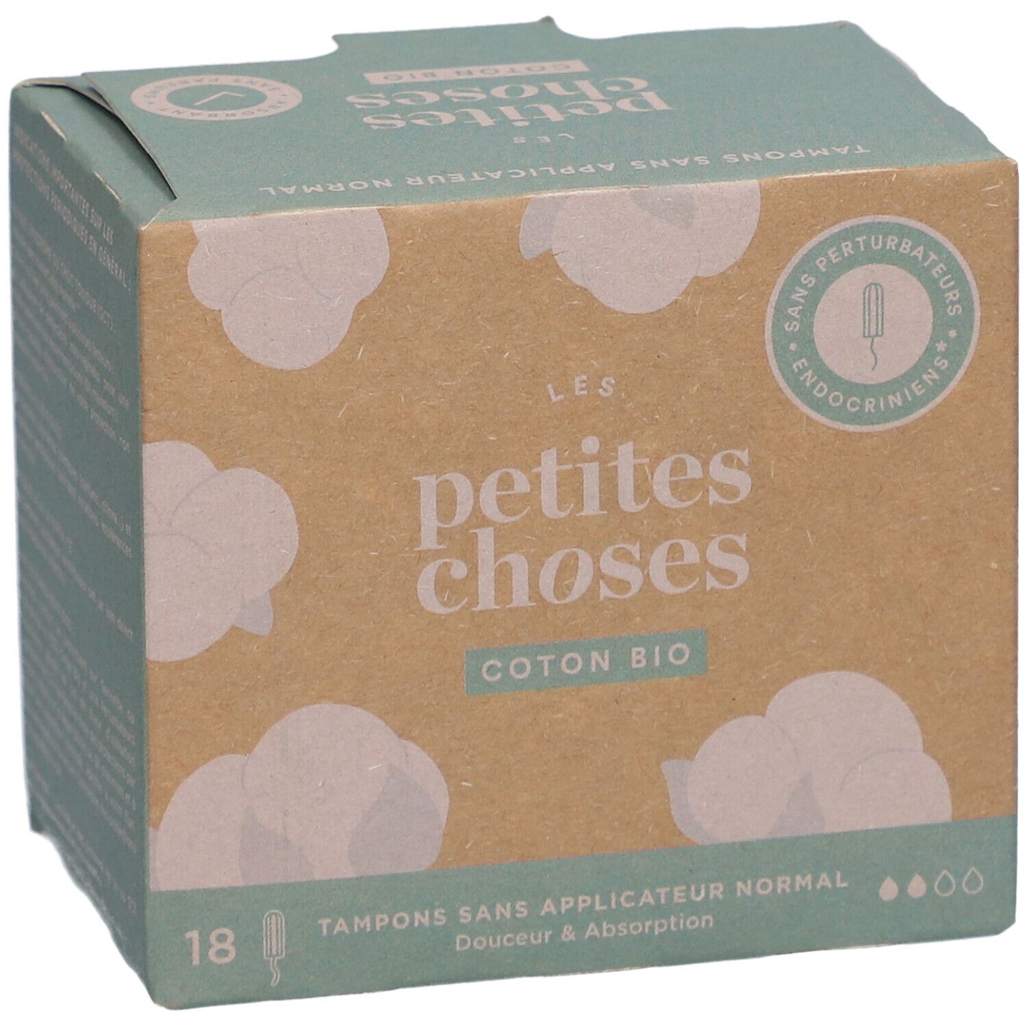 Doosje tampons zonder applicator. Opschrift: LES PETITES CHOSES, Coton Bio. 18 stuks. Katoenen wolken design.