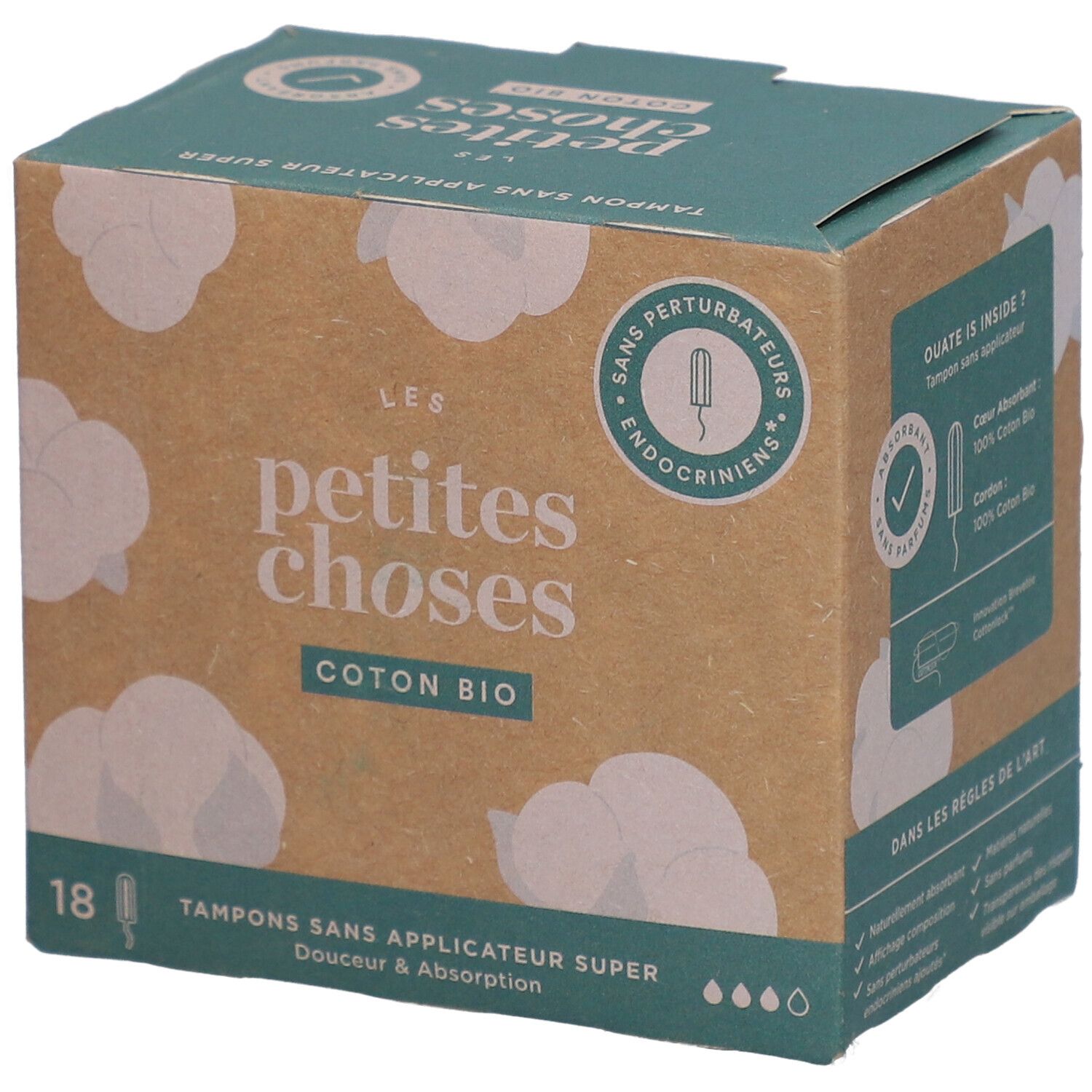 Boîte de tampons sans applicateur. Inscriptions: LES PETITES CHOSES, COTON BIO, 18 tampons. Illustrations de coton.