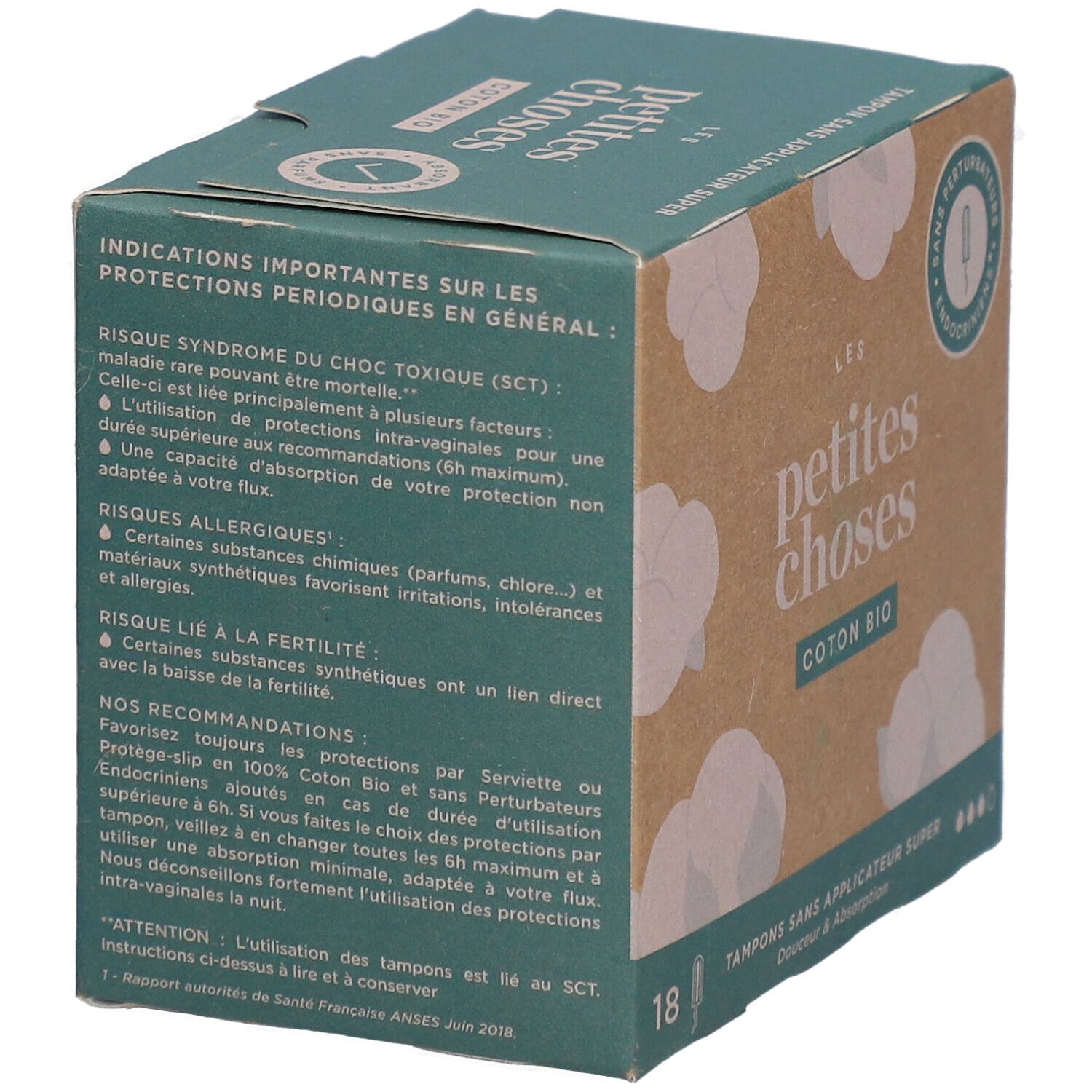Boîte de tampons avec texte. Inscriptions: LES PETITES CHOSES, COTON BIO, 18 tampons. Informations sur les risques et recommandations.