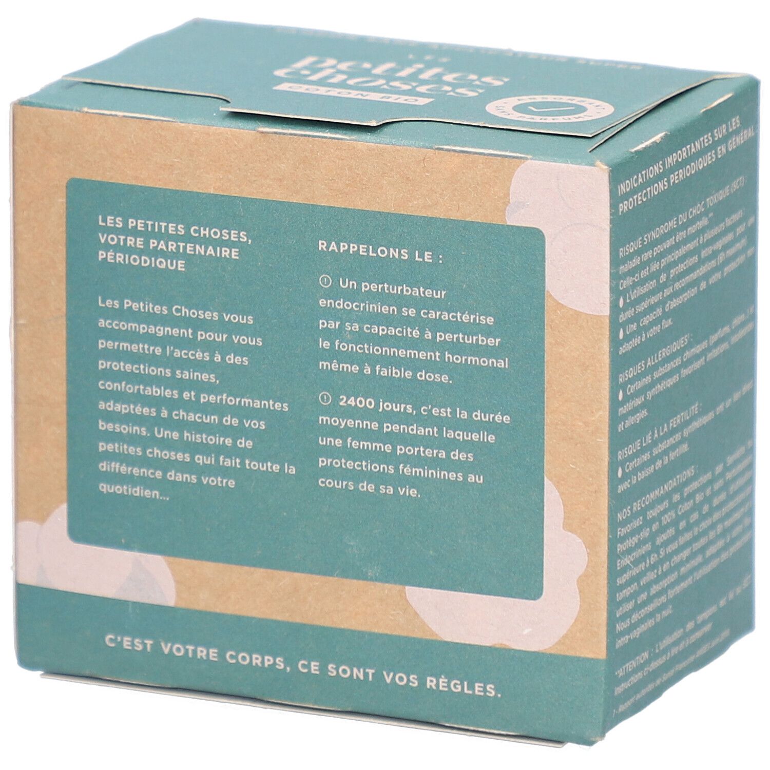 Boîte de tampons avec texte. Inscriptions: LES PETITES CHOSES, COTON BIO, 18 tampons. Informations sur le produit et ses avantages.
