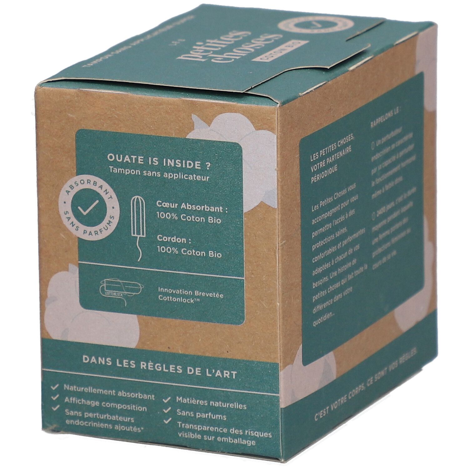 Boîte de tampons avec texte et illustrations. Inscriptions: LES PETITES CHOSES, COTON BIO, 18 tampons. Caractéristiques et ingrédients.