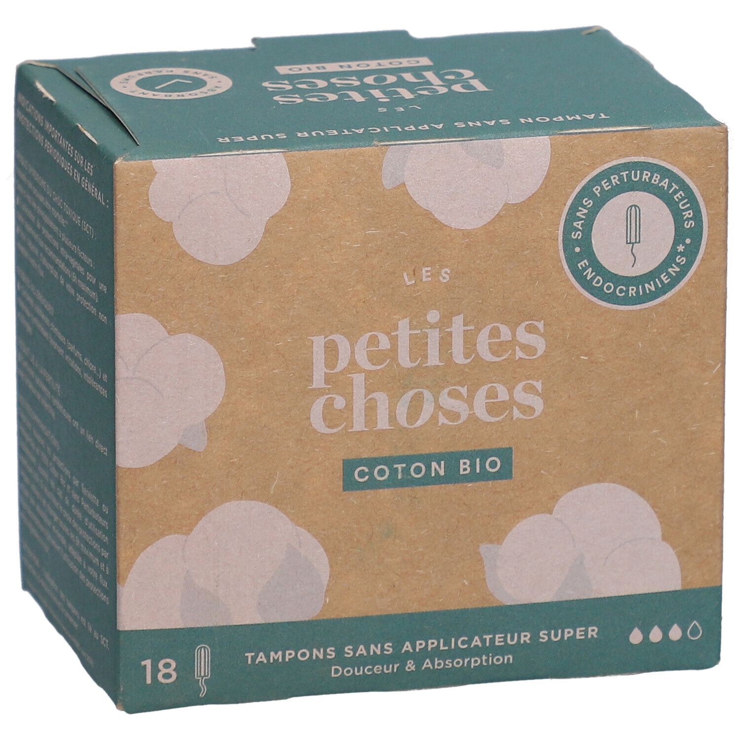 Boîte de tampons. Inscriptions: LES PETITES CHOSES, COTON BIO, 18 tampons. Illustrations de coton et informations produit.