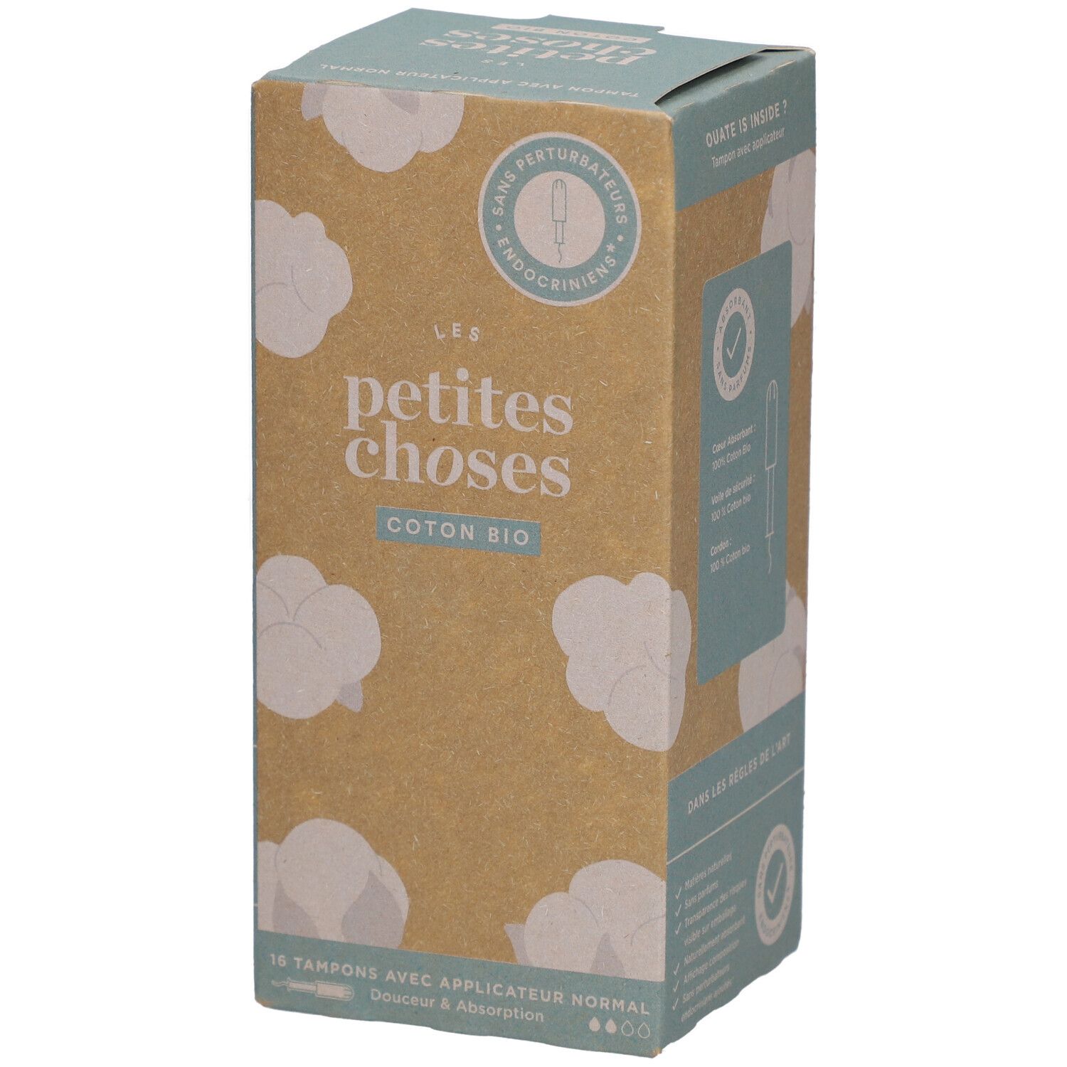 Boîte de tampons en coton bio. Inscription: LES PETITES CHOSES COTON BIO. 16 tampons avec applicateur normal. Couleur marron et bleu.