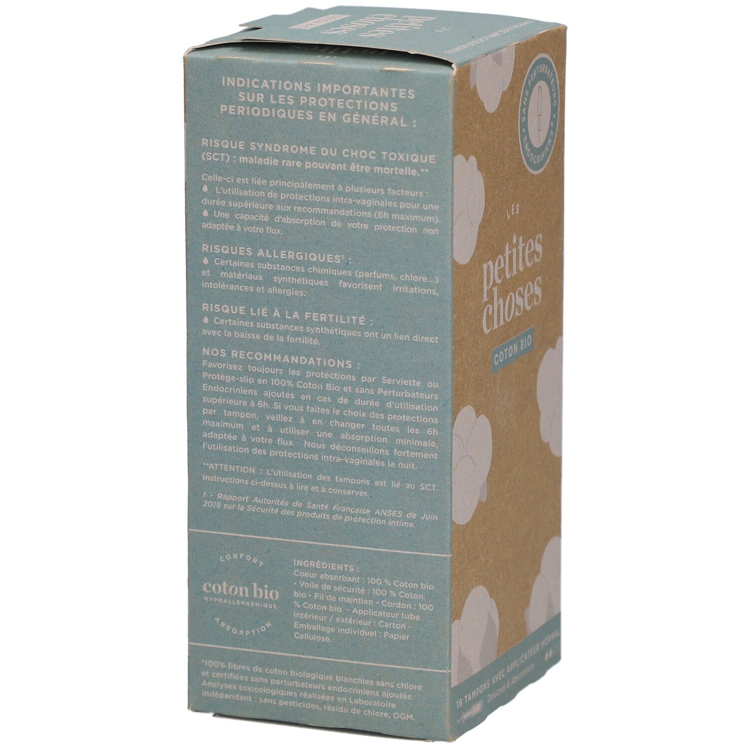 Dos de la boîte de tampons. Texte sur le syndrome de choc toxique, les risques allergiques et la fertilité. Liste des ingrédients et certification bio.