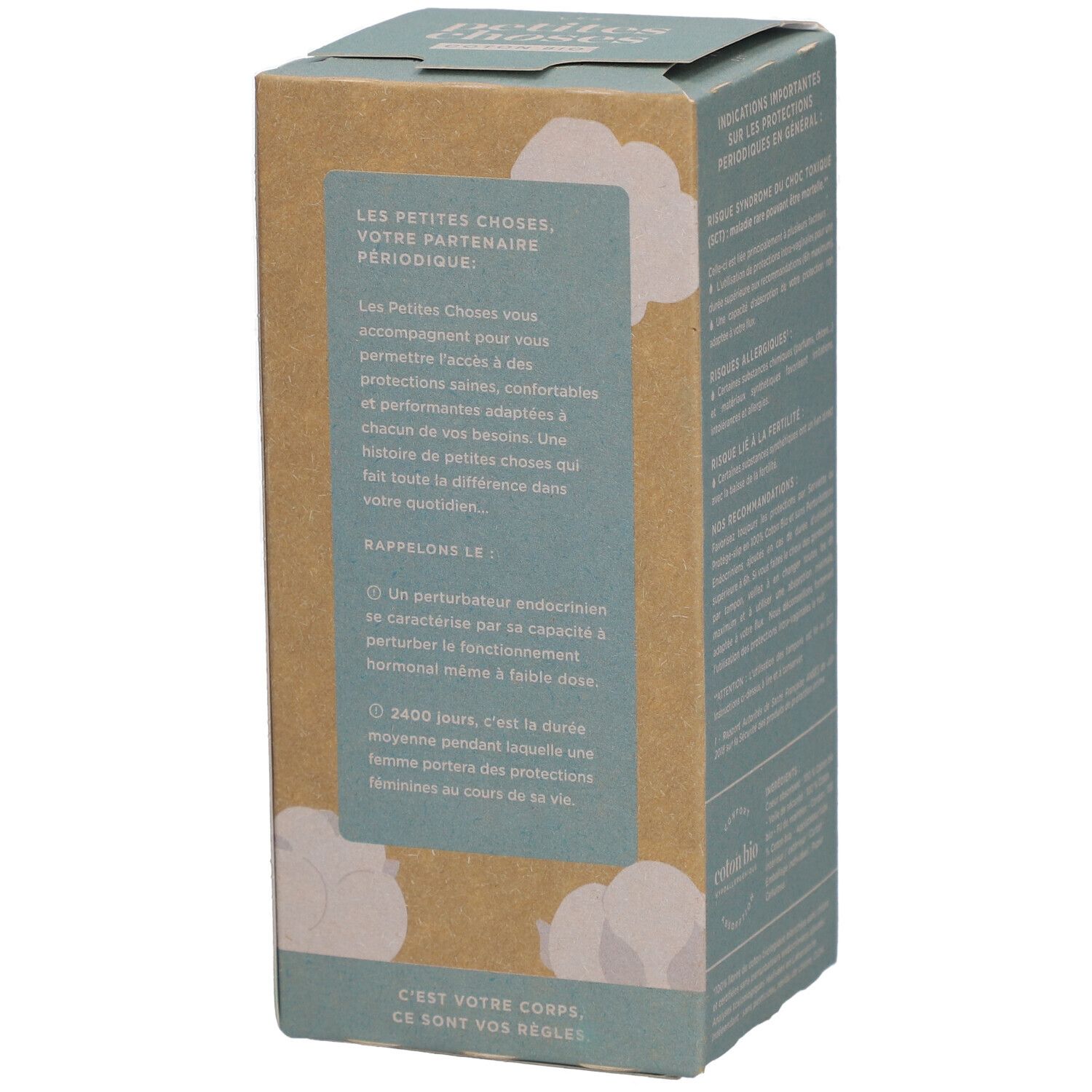 Côté de la boîte de tampons avec texte sur l'accompagnement pendant les règles. Texte sur les perturbateurs endocriniens et la durée des règles.